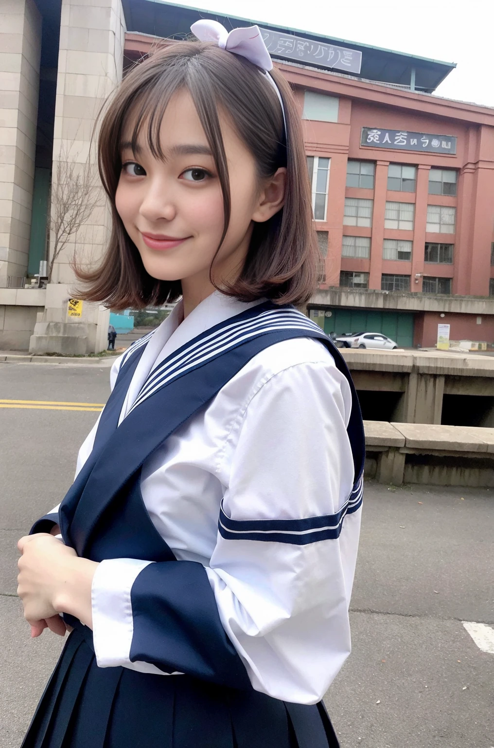 A neat and tidy elementary school student、(school uniform、Sailor suit、Ribbon tied on chest、Summer clothes、The upper body is white、The skirt is navy blue)、Outside the stadium、(slim)、Realistic、detailed, Skin Texture, 超detailed、Delicate and sexy collarbone、A sloppy smile、スーバーdetailedな顔、detailed唇、detailedな目、Small breasts、Small breasts、、Small breasts、Flat Chest、Accentuate your breasts、Bright Face、((Are standing、White panties visible under the skirt、She is unzipping her skirt with both hands.))、((Very sexy apron))、Short hair with bangs、Straight Bob Hair、Top View、8-year-old