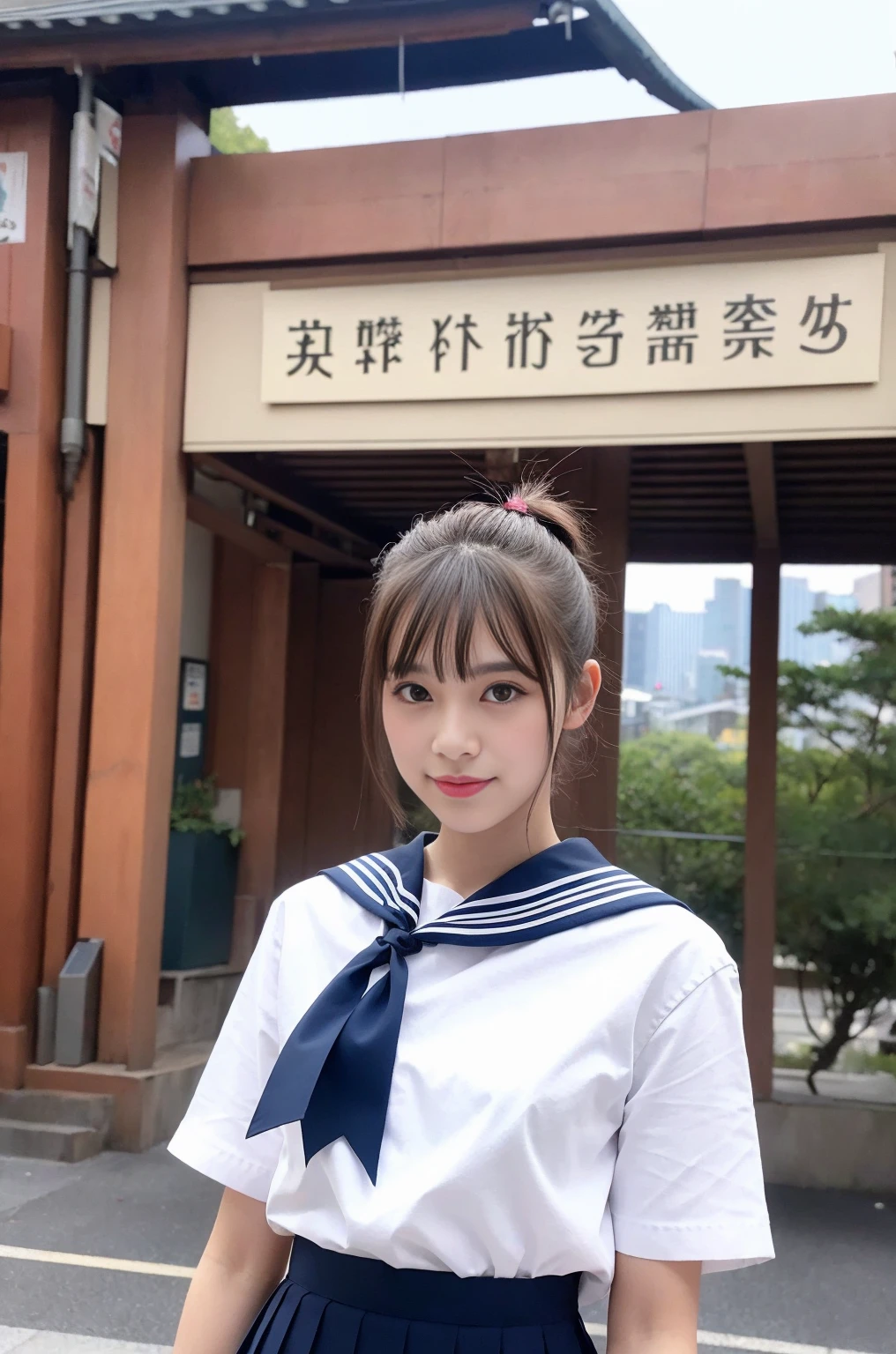 Girl in front of old Japanese train station,White sailor school shirt,Navy blue high waist pleated skirt,Hair adorned with a thin crimson ribbon bow,Bag,18 years old,Bangs,a little smile,knees,short hair,low ponytail,20 from below:15:Pink hair expires in 12 13 days, halo, horns, multicolored eyes, long pointy ears, mouth hold, Surrealism, Fujicolor, Suprematism, 8k, super detail, 16k, best quality, highres, UHD, masterpiece