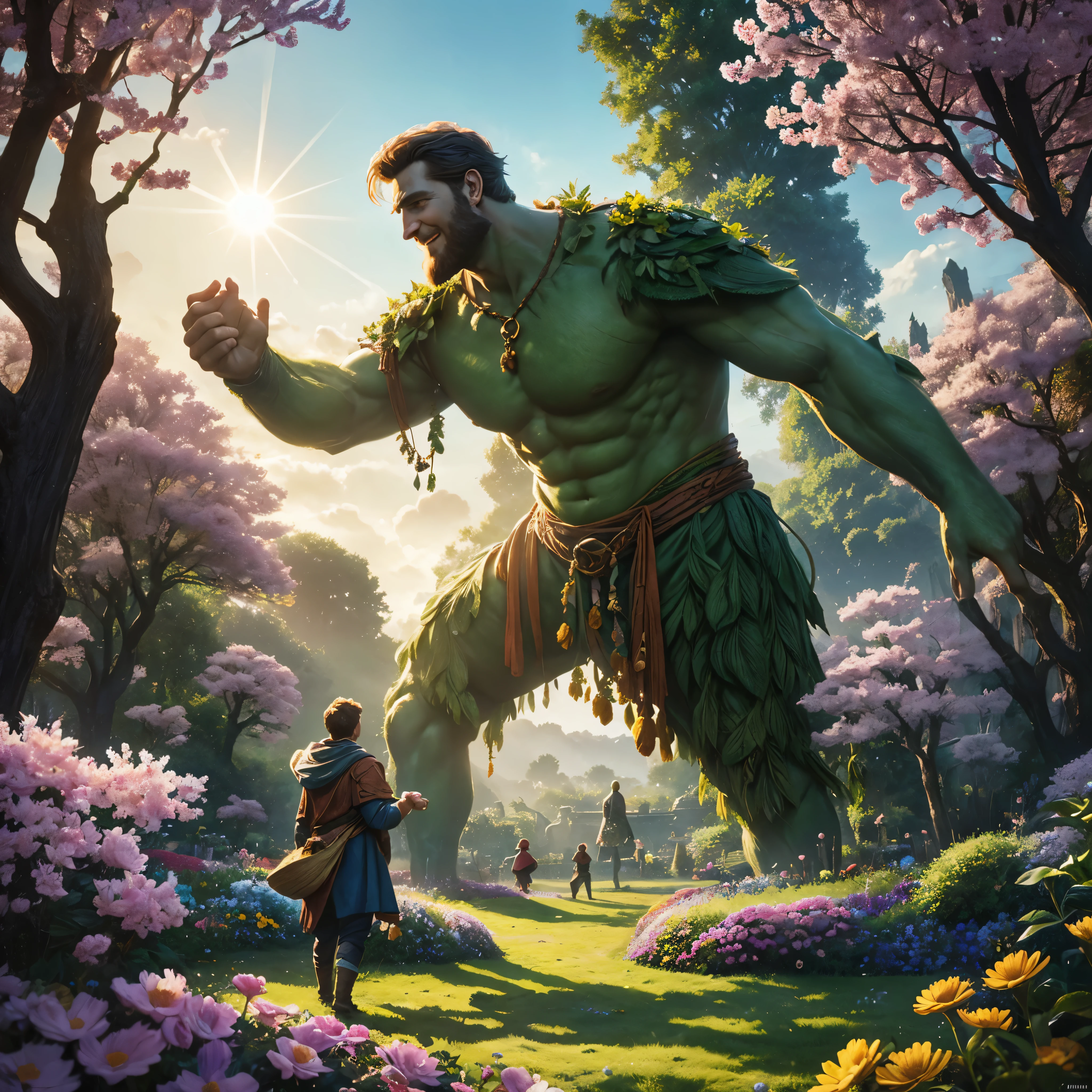 Title: "The Selfish Giant"

Prompt for Story Book Cover:
Set against a backdrop of lush gardens and colorful blooms, depict the main scene from "The Selfish Giant," where the redeemed giant experiences a transformative moment.

Description:
1. The Giant's Garden: Illustrate a magnificent, enclosed garden filled with vibrant flowers, towering trees, and charming creatures. Let the garden exude a sense of beauty and enchantment, inviting the reader to explore its wonders.

2. The Selfish Giant: Portray the giant as a towering figure, initially depicted with a stony expression, hunched shoulders, and a gloomy atmosphere surrounding him. This symbolizes his selfishness and isolation.

3. The Transformation: At the center of the cover, illustrate a heartwarming scene where the giant has a change of heart. Show him standing amidst the blossoming garden, the sun shining brightly as the once barren area flourishes with life. Add emphasis to this joyous moment by including smiling children playing and animals gathering around the giant.

4. Emanating Warmth and Kindness: Use warm and vibrant colors for the sunset sky, glowing sunlight filtering through branches, and the colorful flowers in bloom. Make the scene radiate with a sense of positivity and hope.

5. Book Title: Place the title, "The Selfish Giant," in elegant, stylized letters at the top or bottom of the image, ensuring it stands out clearly and complements the overall design.

Remember to capture the essence of transformation, compassion, and the beauty of nature in this captivating storybook cover for "The Selfish Giant."