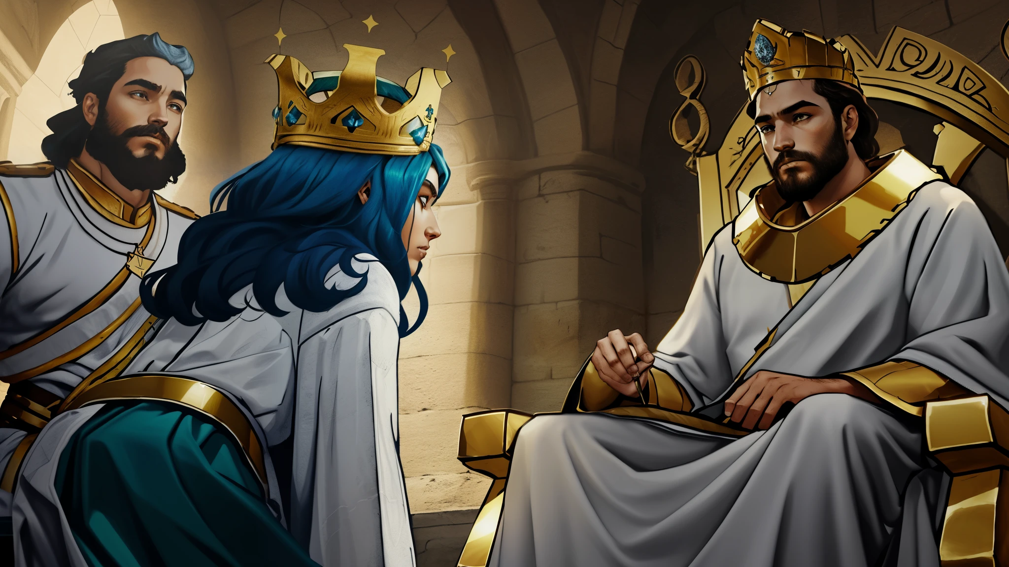 desenho animado de uma mulher ajoelhada diante de um rei sentado em seu trono, the king has a crown on his head, there is a soldier standing, ambiente iluminado, biblical style, epic style, arte digital,