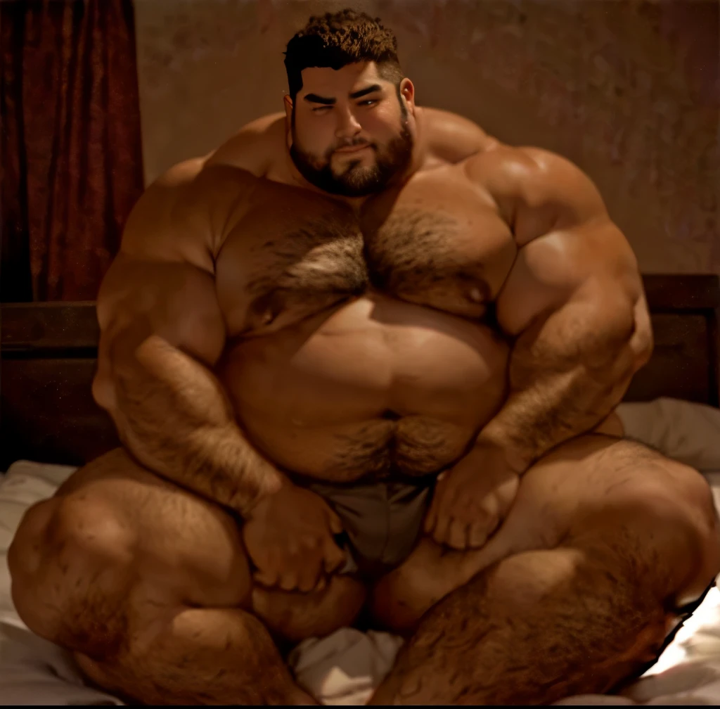 Arafi man sitting on bed with big belly, exaggerated physique, surreal full body figure, thick, sturdy, unusually large physique, muscular character, morbidly obesity, thickボディ, strong and sturdy body, obesity, attractive sturdy man, extremely swollen hips, very realistic, powerful and huge, Looks heavy