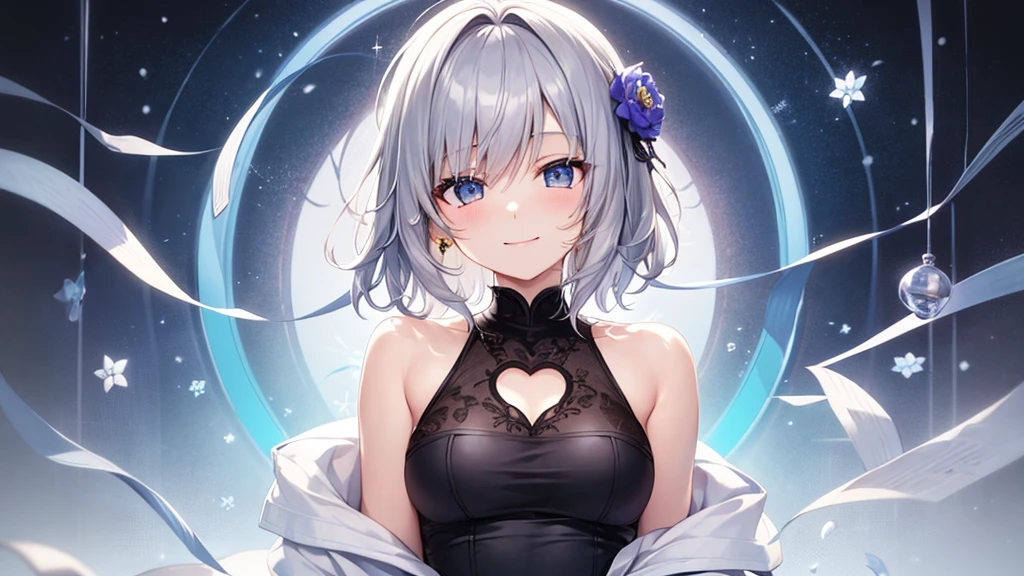 super high quality, with a girl, 20-year-old, very short hair, long bangs between the eyes, gray eyes , very detailed,(masterpiece、highest quality)、alone、gray hair、White skin as clear as snow、fantasy, silver hair, beautiful eyes,, ecstasy, charm, be smitten with audience, fantasyな風景、white jacket、black shirt、smile、flower garden、wink、make a heart mark