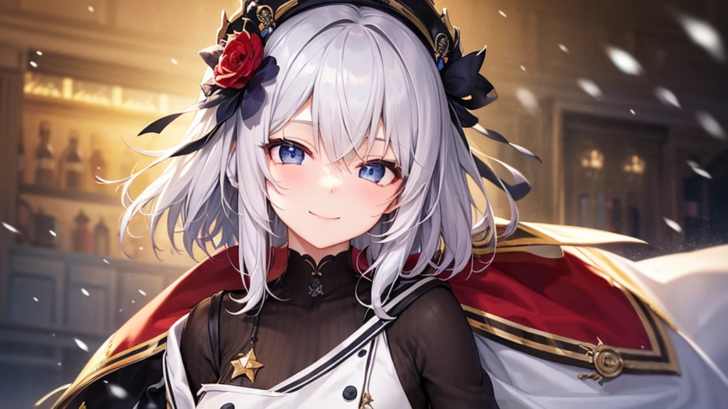 super high quality, with a girl, 20-year-old, very short hair, long bangs between the eyes, gray eyes , very detailed,(masterpiece、highest quality)、alone、gray hair、White skin as clear as snow、fantasy, silver hair, beautiful eyes,, ecstasy, charm, be smitten with audience, fantasyな風景、white jacket、black shirt、smile、flower garden、wink、make a heart mark