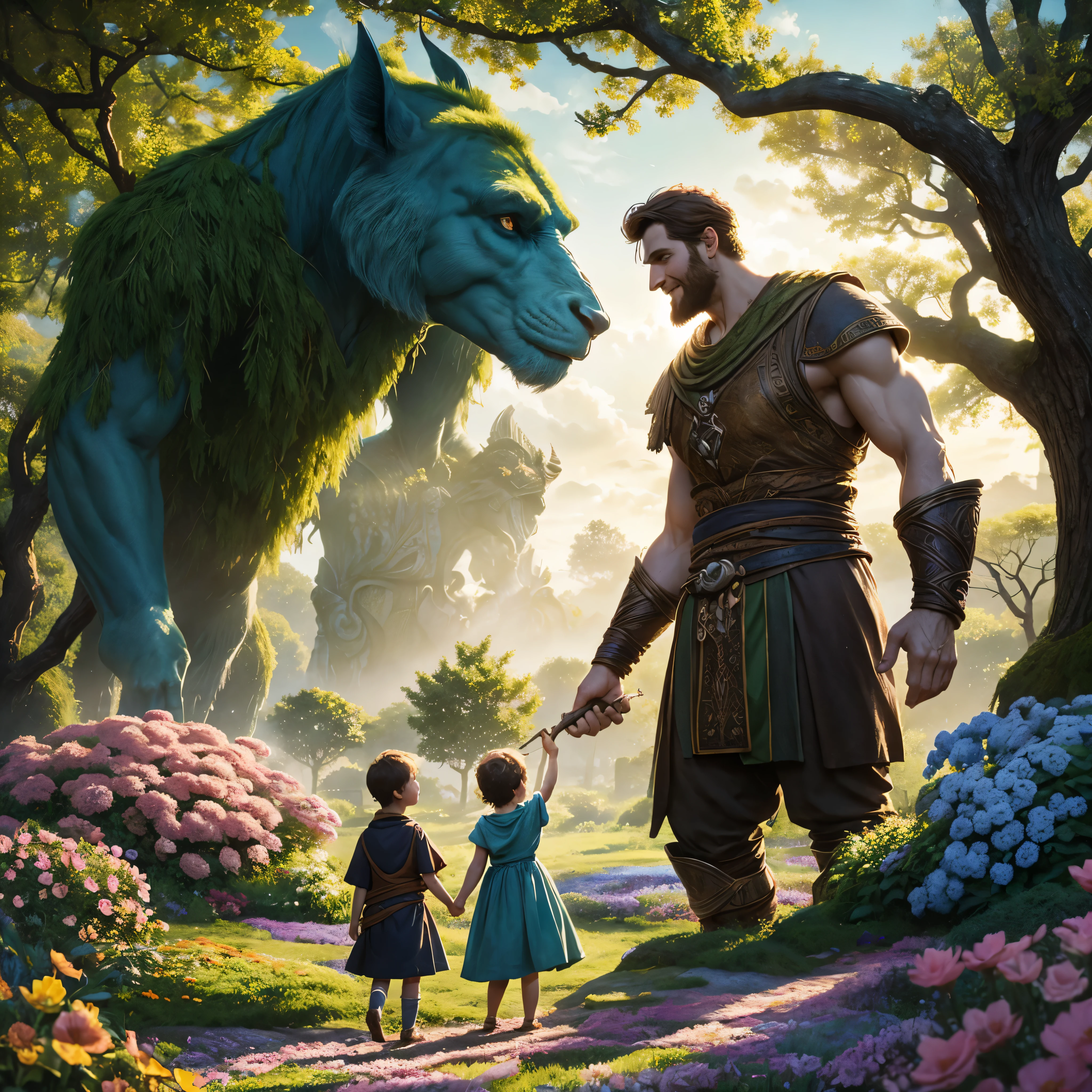 Title: "The Selfish Giant"

Prompt for Story Book Cover:
Set against a backdrop of lush gardens and colorful blooms, depict the main scene from "The Selfish Giant," where the redeemed giant experiences a transformative moment.

Description:
1. The Giant's Garden: Illustrate a magnificent, enclosed garden filled with vibrant flowers, towering trees, and charming creatures. Let the garden exude a sense of beauty and enchantment, inviting the reader to explore its wonders.

2. The Selfish Giant: Portray the giant as a towering figure, initially depicted with a stony expression, hunched shoulders, and a gloomy atmosphere surrounding him. This symbolizes his selfishness and isolation.

3. The Transformation: At the center of the cover, illustrate a heartwarming scene where the giant has a change of heart. Show him standing amidst the blossoming garden, the sun shining brightly as the once barren area flourishes with life. Add emphasis to this joyous moment by including smiling children playing and animals gathering around the giant.

4. Emanating Warmth and Kindness: Use warm and vibrant colors for the sunset sky, glowing sunlight filtering through branches, and the colorful flowers in bloom. Make the scene radiate with a sense of positivity and hope.

5. Book Title: Place the title, "The Selfish Giant," in elegant, stylized letters at the top or bottom of the image, ensuring it stands out clearly and complements the overall design.

Remember to capture the essence of transformation, compassion, and the beauty of nature in this captivating storybook cover for "The Selfish Giant."