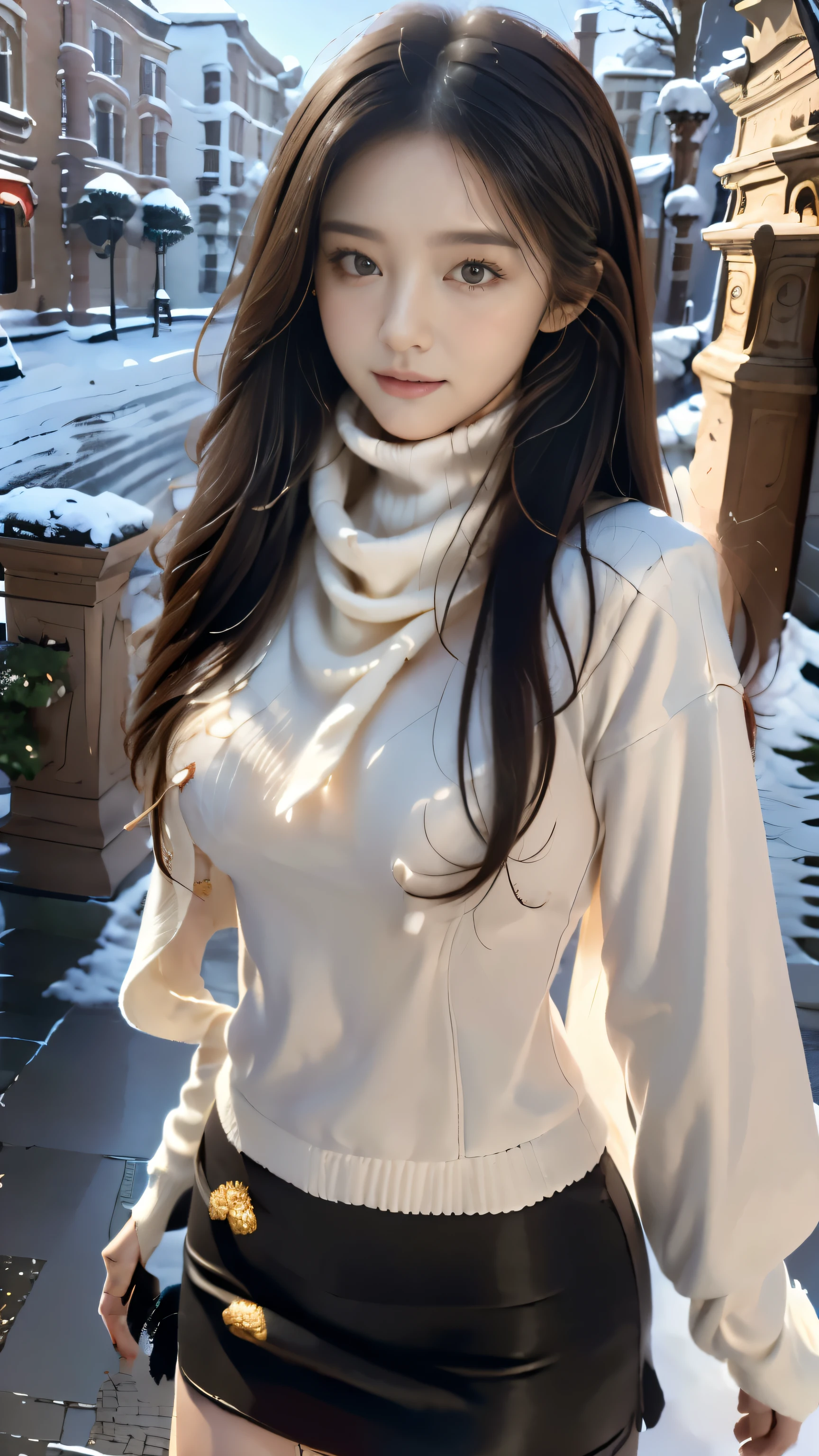 ((highest quality)), ((masterpiece)), (High resolution), perfect face,realistic:1.5,winter、snow scene,which town is that&#39;It&#39;s snowing,1 girl,scarf、gloves、long coat、20th generation women、long black hair、fine eyes and lips、fine eyes、round face、baby face、look at the camera、smile、Big eyes、knit sweater、skirt