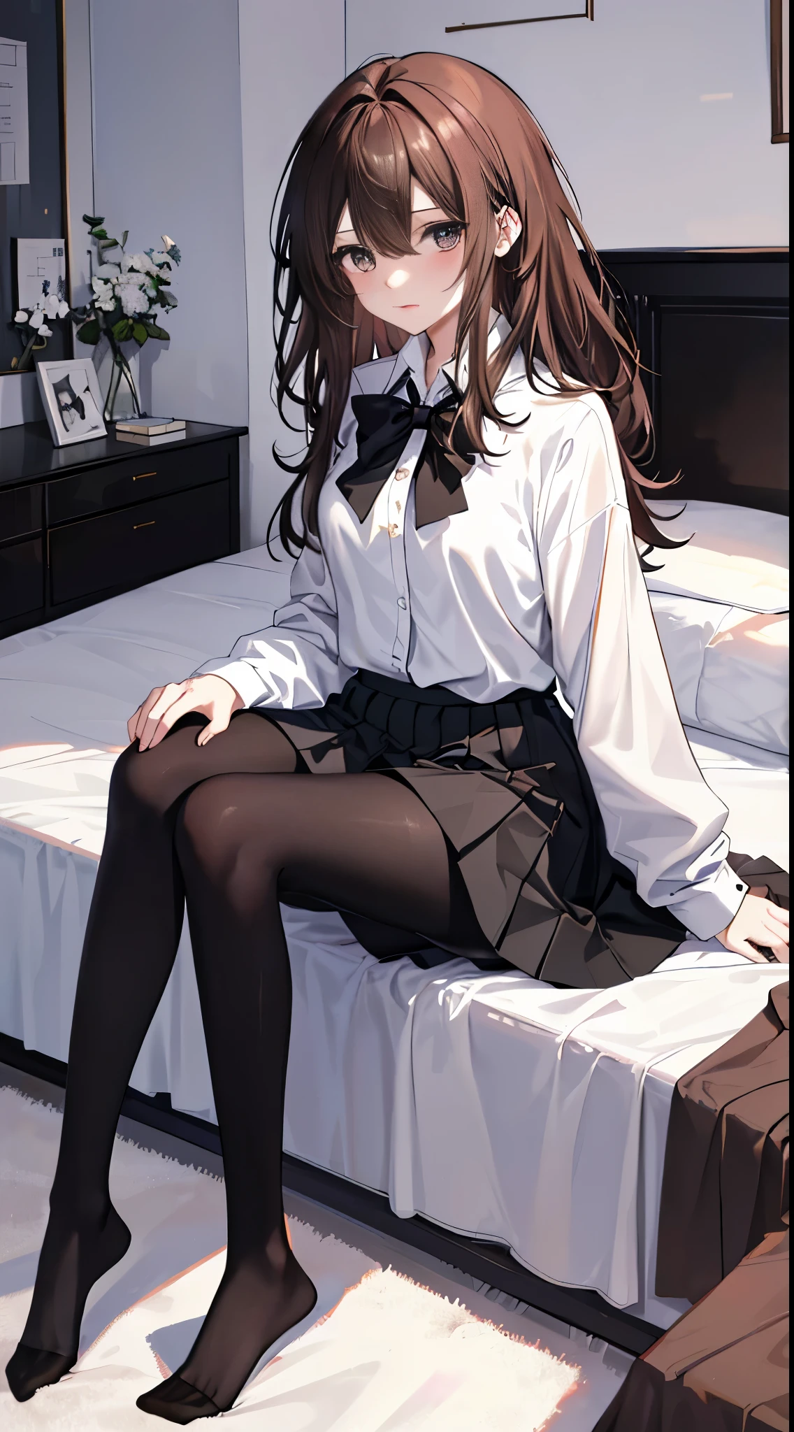 finest, masterpiece, High resolution, (Full body view from head to toe), front, frontやや下からの構図, Symmetrical, 18 year old tall girl, alone, (whole body from head to toe), small breasts, brown hair, slightly messy hair, long hair, bangs, (black tights), ( (black pantyhose), black pantyhose, sitting with legs spread in the bedroom, (M-shaped legs), show me your white panties, Slender legs, A very beautiful and tall 18 year old girl, (not wearing shoes), blush, shy big eyes, messy hair, looking at camera, Blazer uniform appearance、Checkered pleated skirt