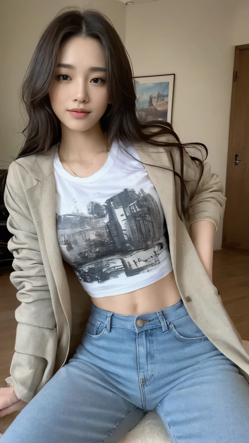 ((top-quality、8k、masterpiece:1.3))、Beautiful woman with perfect body:1.4、slim abdomen:1.2、Longhair, normal breast, Highly detailed facial and skin texture, A detailed eye, delicate eyes, (smile), (full body shot), ((living room)), (sitting on chair), (((wearing t-shirt with jacket))), looking in front