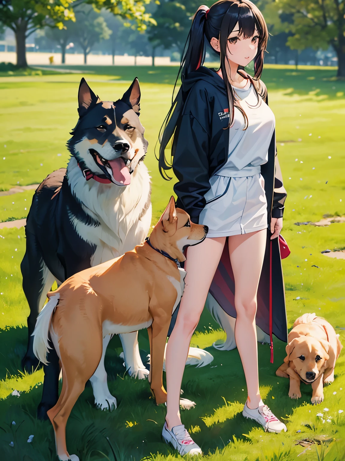 Anime Mädchen mit zwei Hunden und einem Mann in einem Park SeaArt AI 