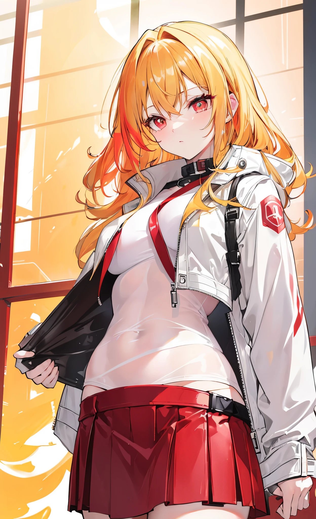 lovely golden hair,red pupils,Whole body glowing with fluorescence,Wearing a JK skirt,leather jacket,very stunning