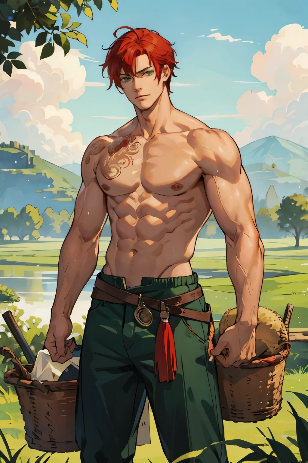 masterpiece, best quality, 1 male, adult, tall muscular, handsome, finely detailed eyes, intricate details, farmer, red hair, green eyes, topless