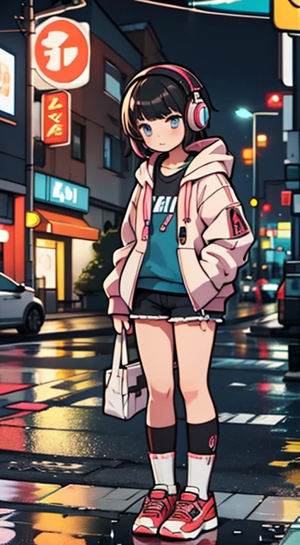 masterpiece, one girl, alone, incredibly absurd, hoodie, headphones, street, outdoor, rain, neon