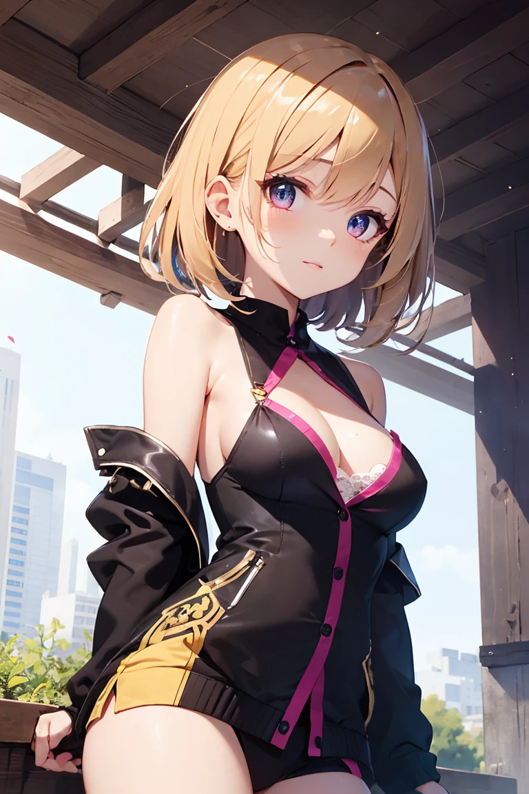 masterpiece, absurdres, best quality, ultra detailed, high Resolution, detailed illustration, extremely beautiful detailed face and eyes, Delicate beautiful face, bright colour, 1girl, cute face, magenta eyes, sparkling eyes, big eyes, medium breasts, (perky breasts:1.1), (pointy breasts:1.1), medium hips, glamorous body, white skin, happy, BREAK, long bob cut, (blonde hair:0.8), messy hair, detailed hair, shiny hair, BREAK cardigan, tiny ribbon, perfect lighting, outdoor, from below,