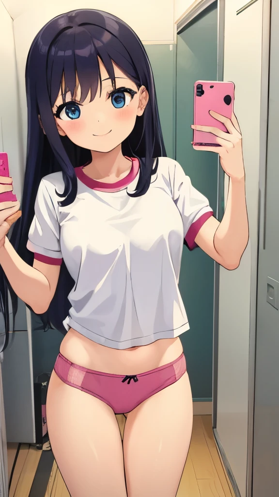 3 Cute girls, masterpiece、top-quality, 5--old、ile:1.3)、looking at viewer, wearing tight panties, in gym locker room,taking selfie, having orgasm