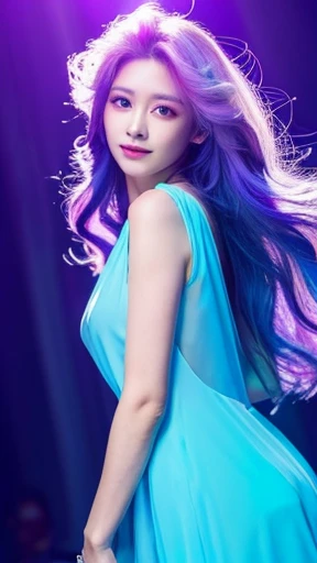A beautiful slender woman with long light purple hair and a cool expression Translucent light blue dress long legs