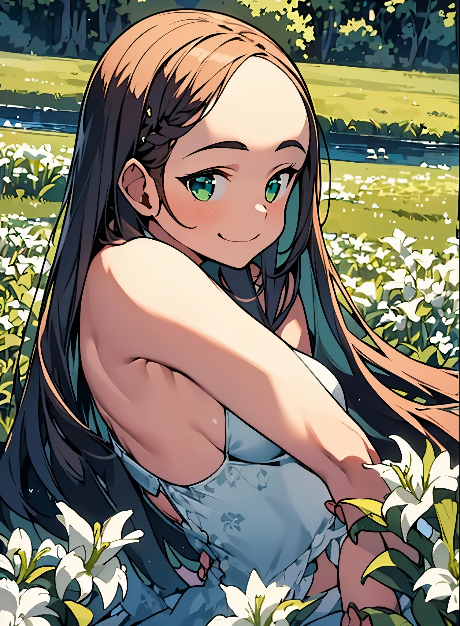 (masterpiece), (highest quality), ultra high resolution, sharp focus, ((1 female, alone)), Upper body, dutch angle, beautiful fine hair, chestnut hair, long hair falls, beautiful detailed face, ((Beautifully shaped eyes, green eyes)), perfect feminine face, look at the audience, smile, Feminine light coordination, In the meadow of lilies flowers, sitting on the ground
