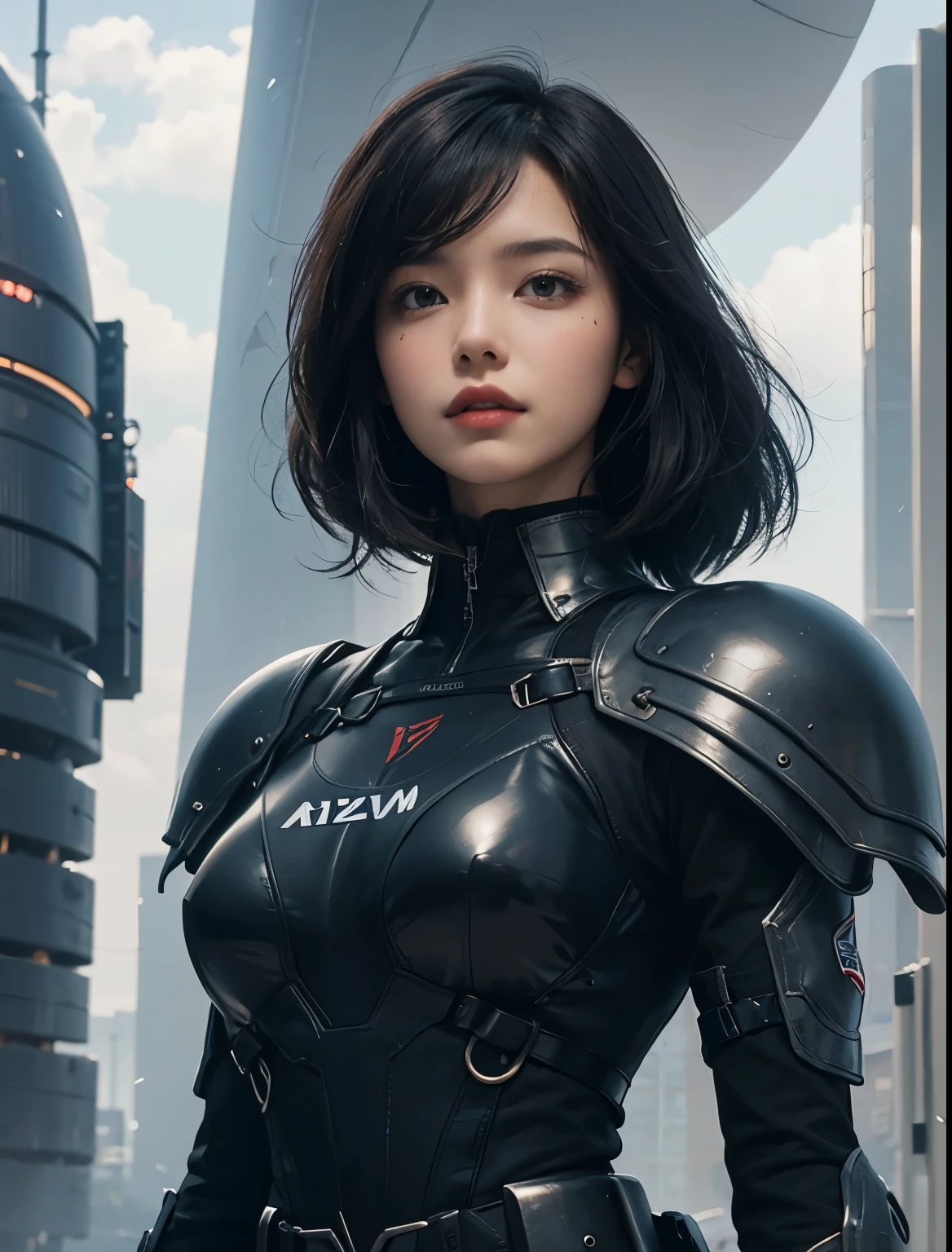 A beautiful woman. Twenty years old. Dark brown hair. She wears a metallic black battle uniform. A futuristic city exists in the space next to her. The weather is cloudy.