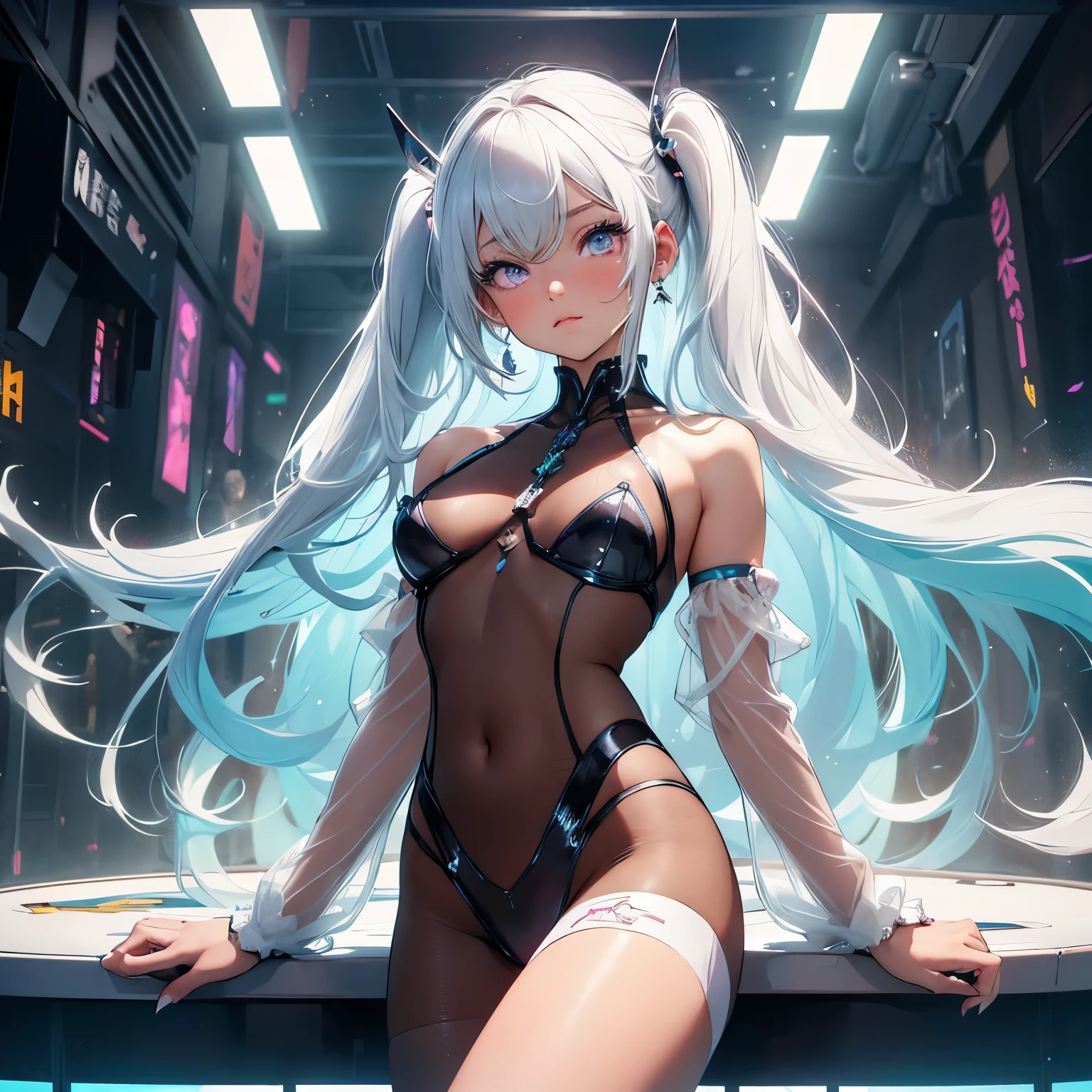 (quality)), ((masterpiece)), Recommended resultsluffly、(see through:1.5)、whole body 、Swollen nipples，straighten your back、huge bust、angle to floor:1.2、low camera angle、Hair loss on crotch、Whole body facing the camera，Hair can be seen on the crotch，Hatsune Miku, (masterpiece),(最好的quality), girl,((ultra-detailed)), (highly detailed CG illustration),(Poker face),, national foundation,, (masterpiece:1.16), (最好的quality:1.32),(meticulous_detail),(high resolution:1.1),(best lighting:1.1), (best shadow:1.1), (extremely delicate and beautiful),(Proper shading:1.1),(illustration: 1.1),(Completed:1.1),overlapping,(Proper posture),(suitable configuration),(ultra precision_put up:1.2),Crop,(bold Highlighted Outline),(detailed face), (beautiful eyes),(Thick_dense_skin:1.16),(ultra precision skin:1.16),bold_eyelash,(Soft cheeks:1),White background, 1 girl, Android girl, complex mechanism, white hair, long hair, pink eyes, glowing eyes, Poker face, off shoulder suit, (Joint abnormalities, point joint:1.2),thigh, Decadence,Luminous connector