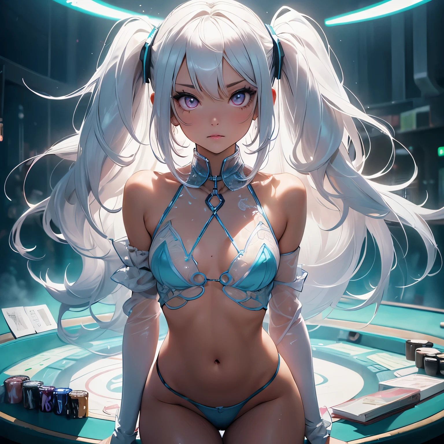 (quality)), ((masterpiece)), Recommended resultsluffly、(see through:1.5)、whole body 、Swollen nipples，straighten your back、huge bust、angle to floor:1.2、low camera angle、Hair loss on crotch、Whole body facing the camera，Hair can be seen on the crotch，Hatsune Miku, (masterpiece),(最好的quality), girl,((ultra-detailed)), (highly detailed CG illustration),(Poker face),, national foundation,, (masterpiece:1.16), (最好的quality:1.32),(meticulous_detail),(high resolution:1.1),(best lighting:1.1), (best shadow:1.1), (extremely delicate and beautiful),(Proper shading:1.1),(illustration: 1.1),(Completed:1.1),overlapping,(Proper posture),(suitable configuration),(ultra precision_put up:1.2),Crop,(bold Highlighted Outline),(detailed face), (beautiful eyes),(Thick_dense_skin:1.16),(ultra precision skin:1.16),bold_eyelash,(Soft cheeks:1),White background, 1 girl, Android girl, complex mechanism, white hair, long hair, pink eyes, glowing eyes, Poker face, off shoulder suit, (Joint abnormalities, point joint:1.2),thigh, Decadence,Luminous connector