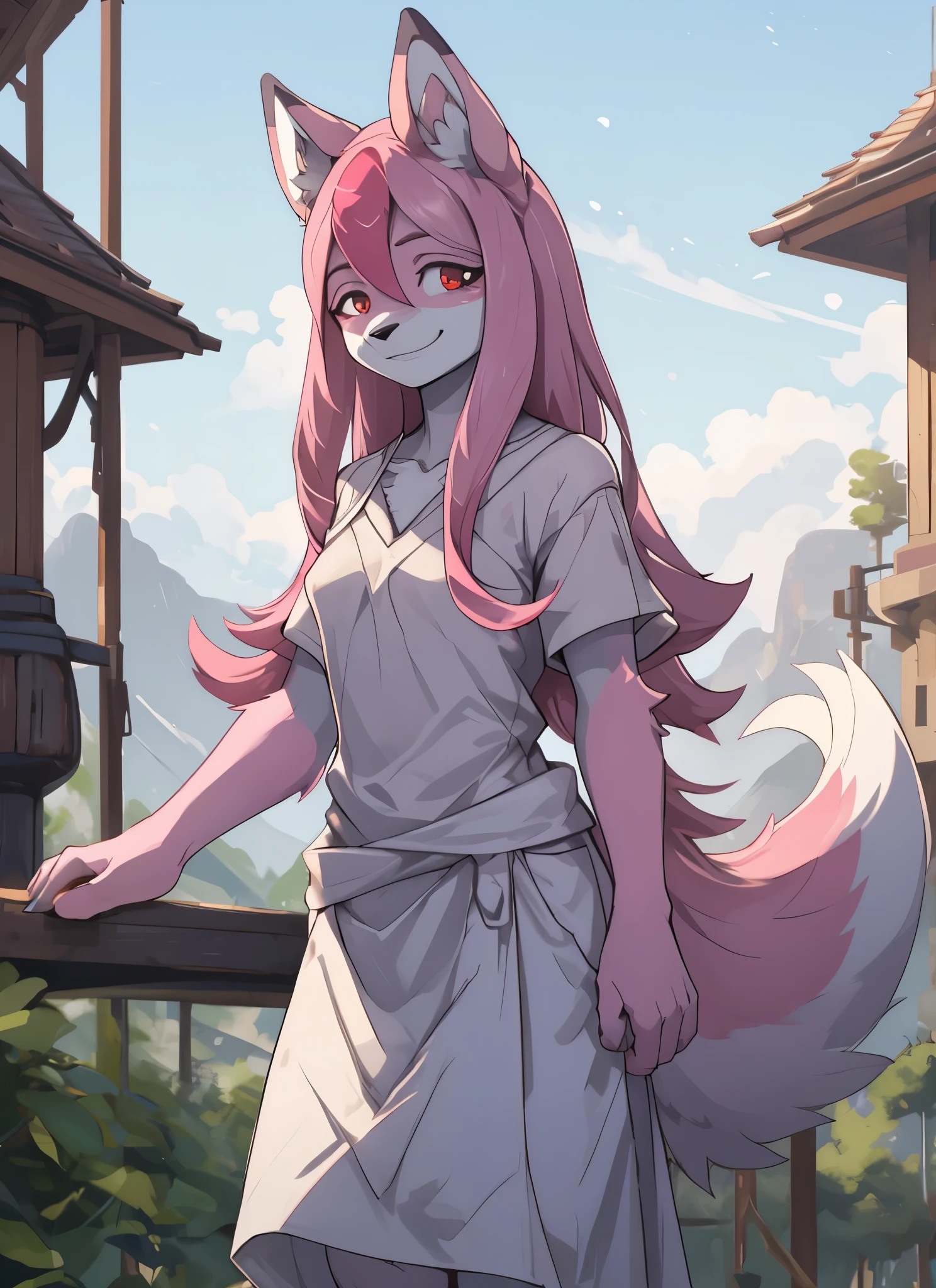 Nazuna_hiwatashi, furry, furry female, white skin, (high quality), flat chest, tail, smile, red eyes, outside, pussy, pink hair, multicolored hair