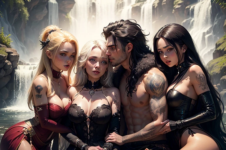 (Handsome short-hair barbarian Chad) cuddling and kissing and grinding with his (three Gothic sexy long haired concubine witches wives bitches) at a beautiful waterfall, feeling true love, feeling pure ecstacy, freckles, Flirtatious, seductive, tattoos, jewelry, racially diverse, masterpiece, wearing fur outfits, fantasy illustration style, magical atmosphere