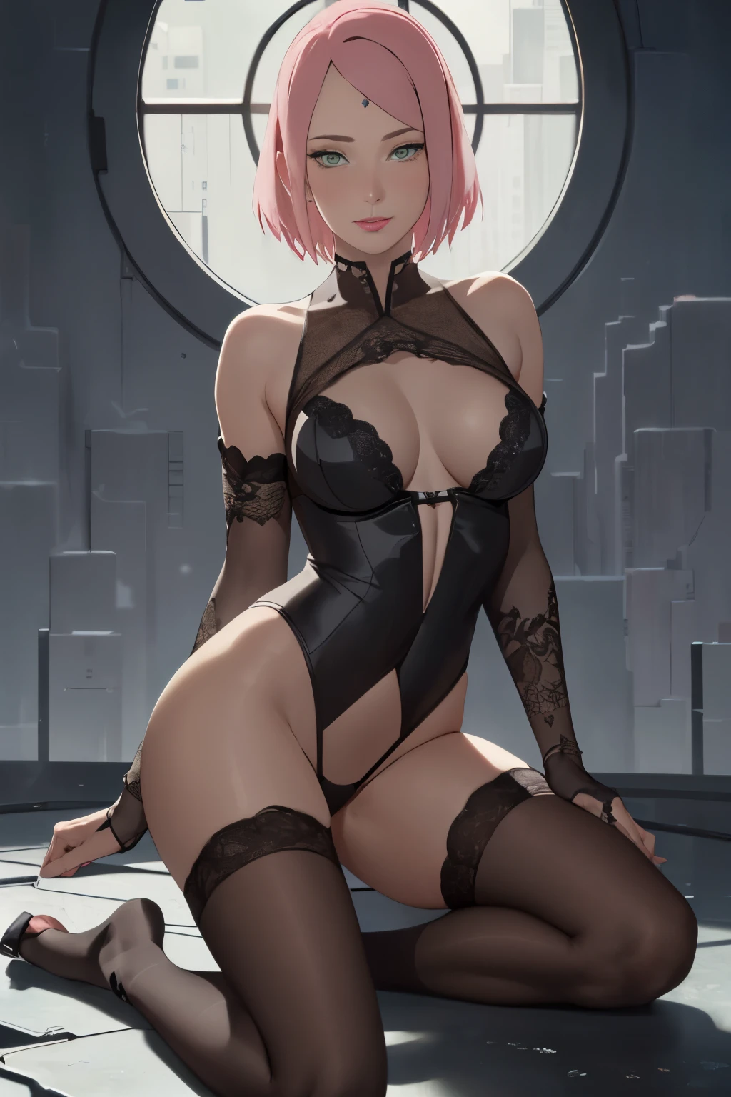 masterpiece, absurdres, sakura\(boruto\), 1girl, solo,mature female, gothic black bra lenjerie, detailed gothic black thong lenjerie, black gothic detailed, no shirt, open gothic clothes, gothic black outfit, 
gothic one piece  lingerie ), perfect composition, detailed lips, breast, beautiful face, body propotion, blush, (pink lips), short hair,  green eyes,  soft gaze,  super realistic, detailed, photoshoot, realistic face and body, thighhighs, full body, erotic pose, provocative pose, waiting sex pose, dark gothic sexy background 