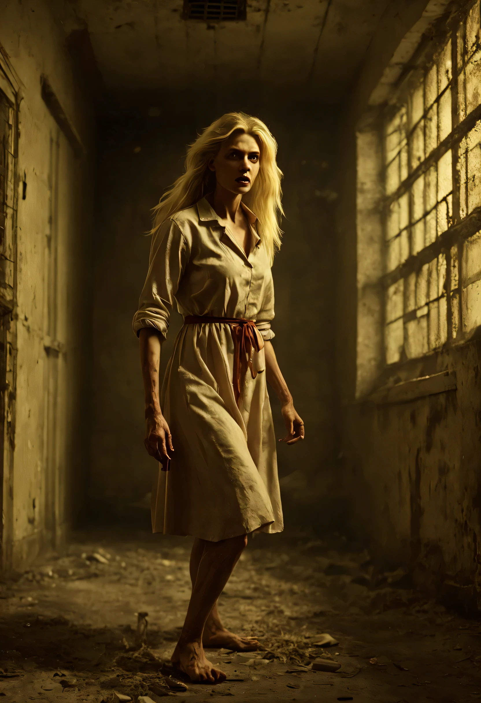  Photorealistic Images prompt structure:
"(((Blonde Female Werewolf))) ready to attack, in an (((Old abandoned Insane Asylum))), old decrepit (((Patient cell))), with minimal lighting. Type of Image: Realistic Photograph, Art Styles: Dark and Cinematic, Camera: (((Low angle))), Shot: Close-up, Render Related Information: HDR, UHD, (((Soft lighting))), detailed."