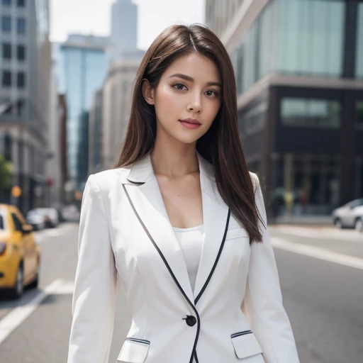 ((top quality, 8k, masterpiece: 1.3)), 1 girl, smile, full body, slim face, pretty woman, (dark brown hair), white blouse, office lady suit: 1.1, pantsuit, not skirt, ultra detailed face, detailed eyes, double eyelids, blurred background, slim face, building construction site, outside, talk on smartphone