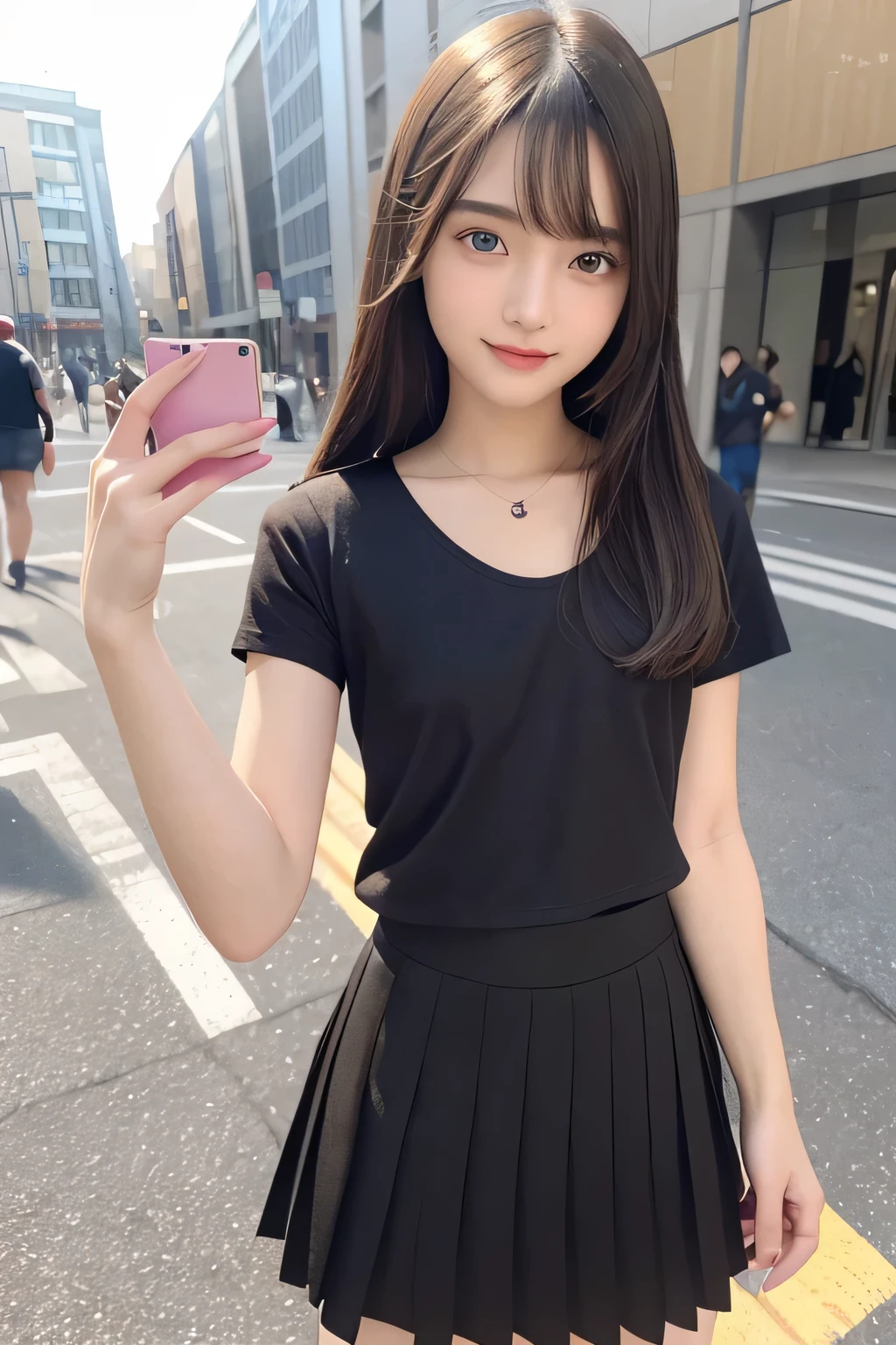 pieces fly、masterpiece、highest quality、Super detailed、High resolution、High resolution、8K portrait、unity 8k wallpaper、Detailed CG、unity 8k wallpaper、Detailed CGユニティ8kの壁紙、realistic、real person、portrait photography、shiny skin、(20-year-old:1.2)、(cute:1.2)、High resolution、beautiful clear eyes、very detailed explanation、delicate face、cute face、nice lips、thin waist、thin legs、1 girl、(Shopping mall:1.2)、(flat chest:1.8)、(Perfect T-shirt:1.5)、(pleated skirt:1.3)、(Braless nipples)、(big smile:1.2)、(eight-headed body:1.4)、(Self snap:1.5)、(My nipples hurt:1.5)