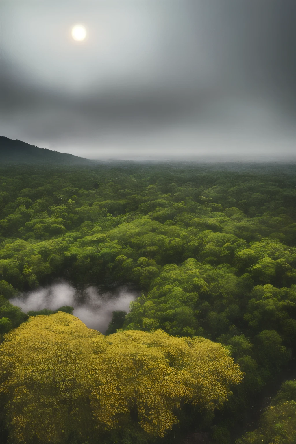 Magnificent view of a forest mountain landscape, after it has rained, with nature's intricate details on display. Bushes in the moonlight glow with a soft, dampness-induced radiance, surrounded by ancient megaliths of various shapes, nestled amidst the alpine cliffs. In the distance, a solitary white Phalaenopsis orchid blooms, its petals vibrant and pristine against the minimalist cyan, black, and white gray tones of the landscape.

The foggy sky looms ominously in the background, casting long, vivid rain trails over the terrain. Jack Guzman's environmental art photography captures the realistic