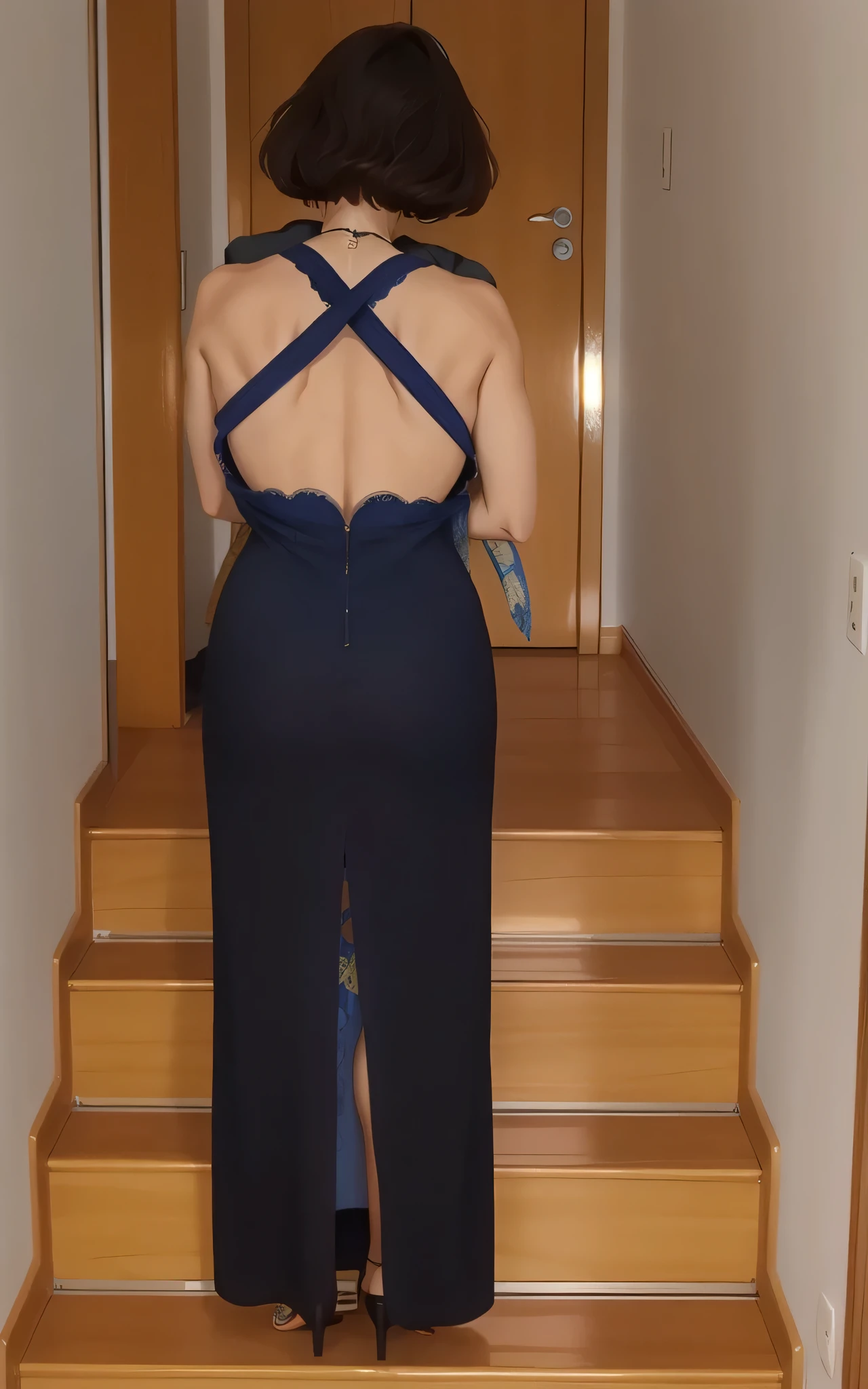 there is a woman in a blue dress standing in front of a Christmas tree, view from behind, seen from behind, photo taken from behind, from behind, de volta - tiro, shot from behind, photo from behind, tiro de volta, from behind, fenda traseira, photographed from behind, vista traseira, usando vestido azul, tiro traseiro
