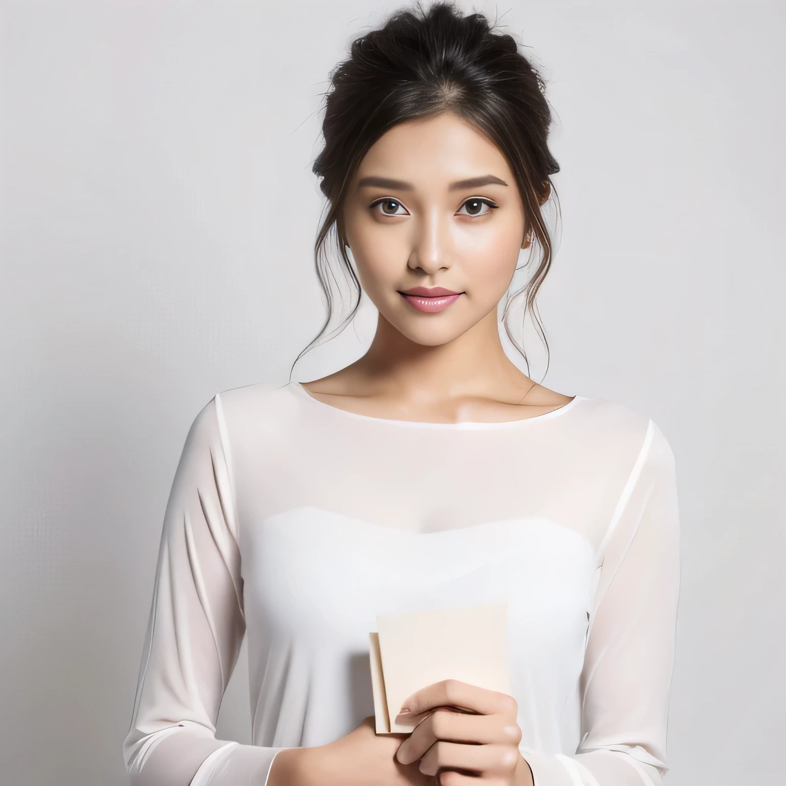 (best quality,4k,8k,highres,masterpiece:1.2),ultra-detailed,(realistic,photorealistic,photo-realistic:1.37),indian gorgeous 23 years old women, holding white paper horizontally, realistic, smile, sexy, black dress long sleeves, beautiful, thanks for 100 followers written in paper