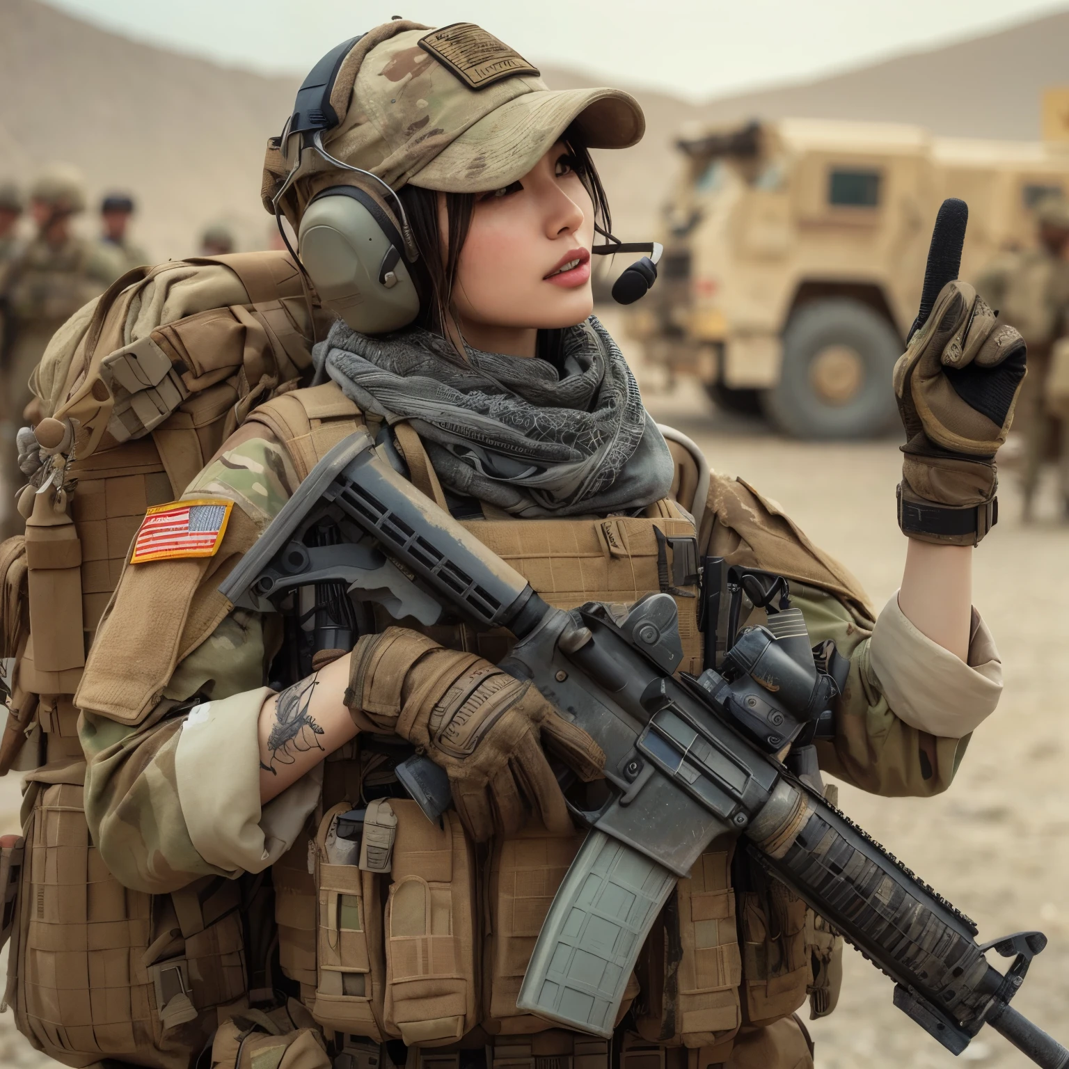 photorealistic、Realistic skin textures、A beautiful Japanese woman belonging to the U.S. military is talking with gestures at a base camp set up in a wasteland.、tent、military vehicle、automatic rifle propped up、bulletproof vest、afghan scarf、baseball cap、Backpack、Heavy equipment、tattoo、boots、、Action poses with movement、