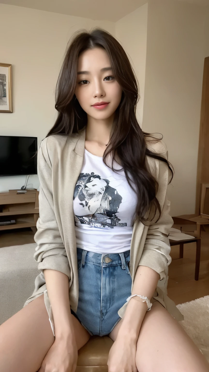 ((top-quality、8k、masterpiece:1.3))、Beautiful woman with perfect body:1.4、slim abdomen:1.2、Longhair, normal breast, Highly detailed facial and skin texture, A detailed eye, delicate eyes, (smile), (full body shot), ((living room)), (sitting on chair), (((wearing t-shirt with jacket))), looking in front
