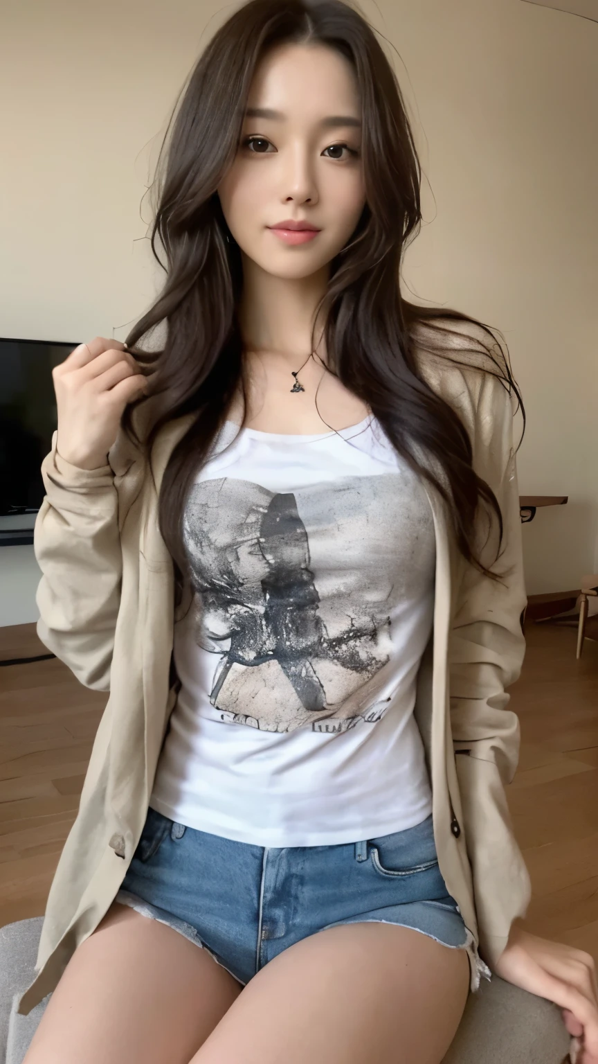 ((top-quality、8k、masterpiece:1.3))、Beautiful woman with perfect body:1.4、slim abdomen:1.2、Longhair, normal breast, Highly detailed facial and skin texture, A detailed eye, (smile), (full body shot), ((computer room)), (sitting), (((wearing t-shirt with jacket)), looking in front
