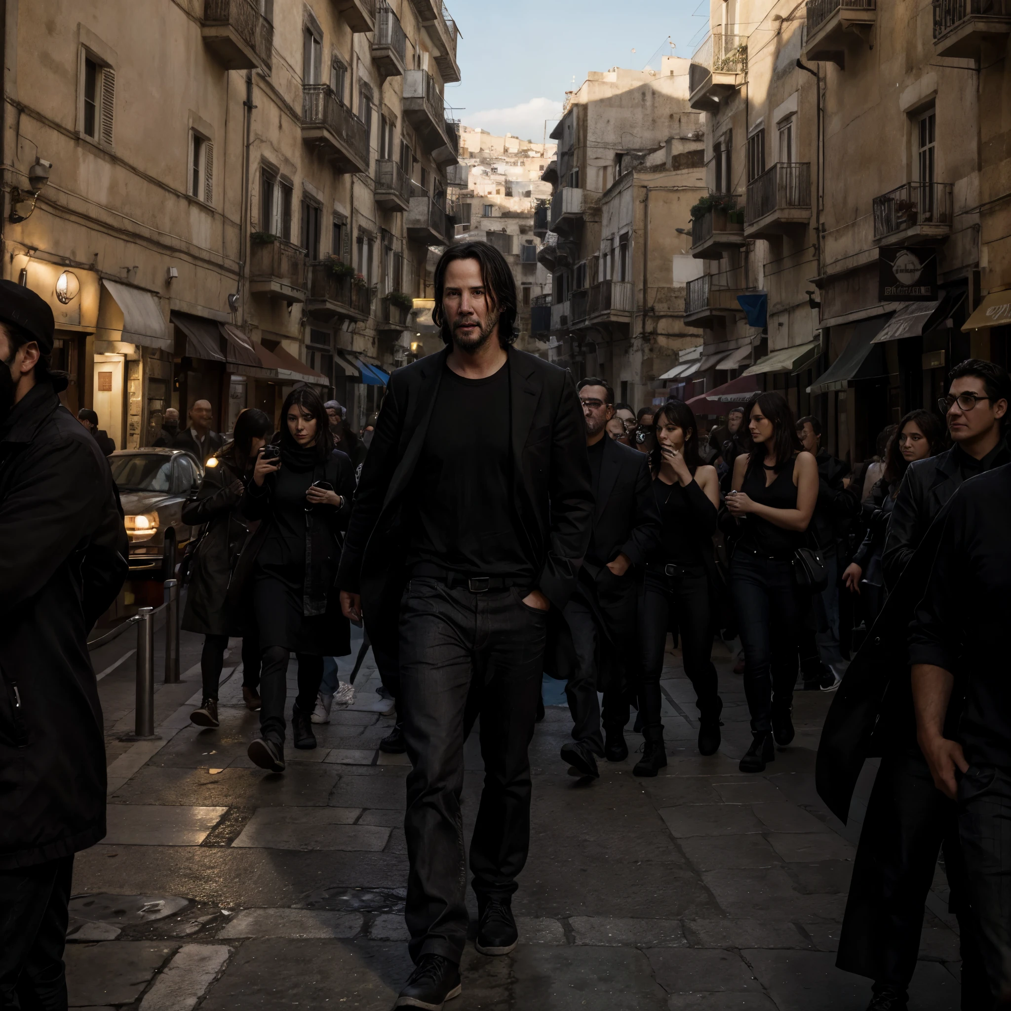 There is Keanu Reeves visiting sassi_di_matera. High detailed city of Matera. Crowd of paparazzi, photographers, fans around him. (There is Keanu Reeves running in sassi_di_matera. High detailed city of Matera), Crowd of paparazzi, photographers, fans around him. atmospheric oliva lighting, on the table, 4k UHD, dark vibes, hyper detailed, epic composition, octane render, sharp focus, high resolution isometric