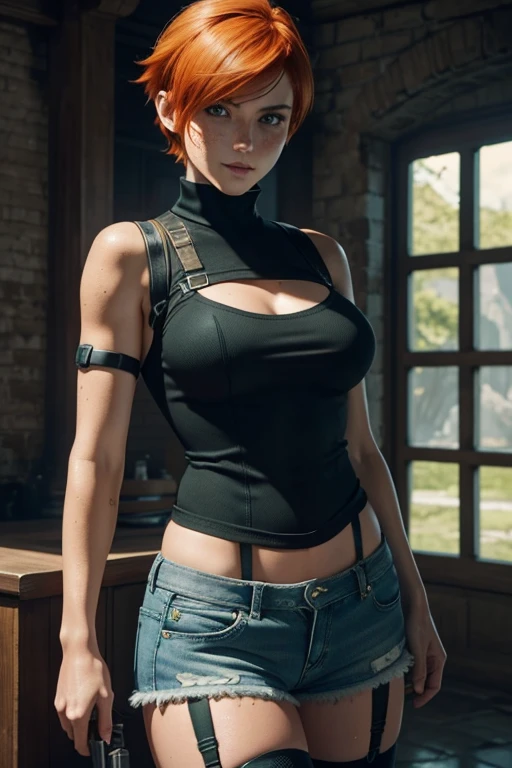 young woman, solo, gray eyes, freckles, red short hair, crop top, (from behind), smug face