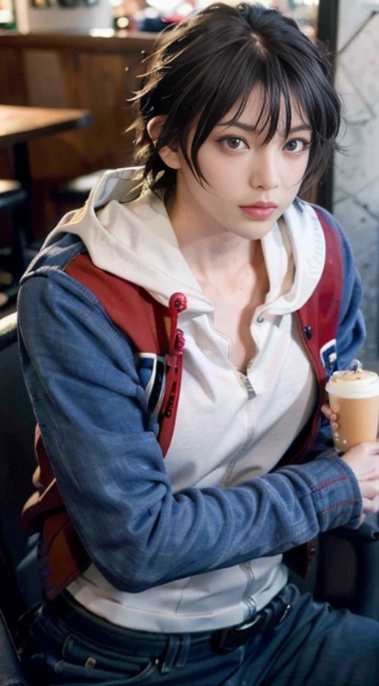 (realistic, High resolution:1.3), One girl with perfect figure, very detailed face and eyes, short hair, small breasts、(Ichiro Yamada&#39;s costume),  at the cafe, coffee on the table, red and blue jacket、white inner hoodie、jeans、blue colored contact lens on right eye、yellow contact lens on left eye