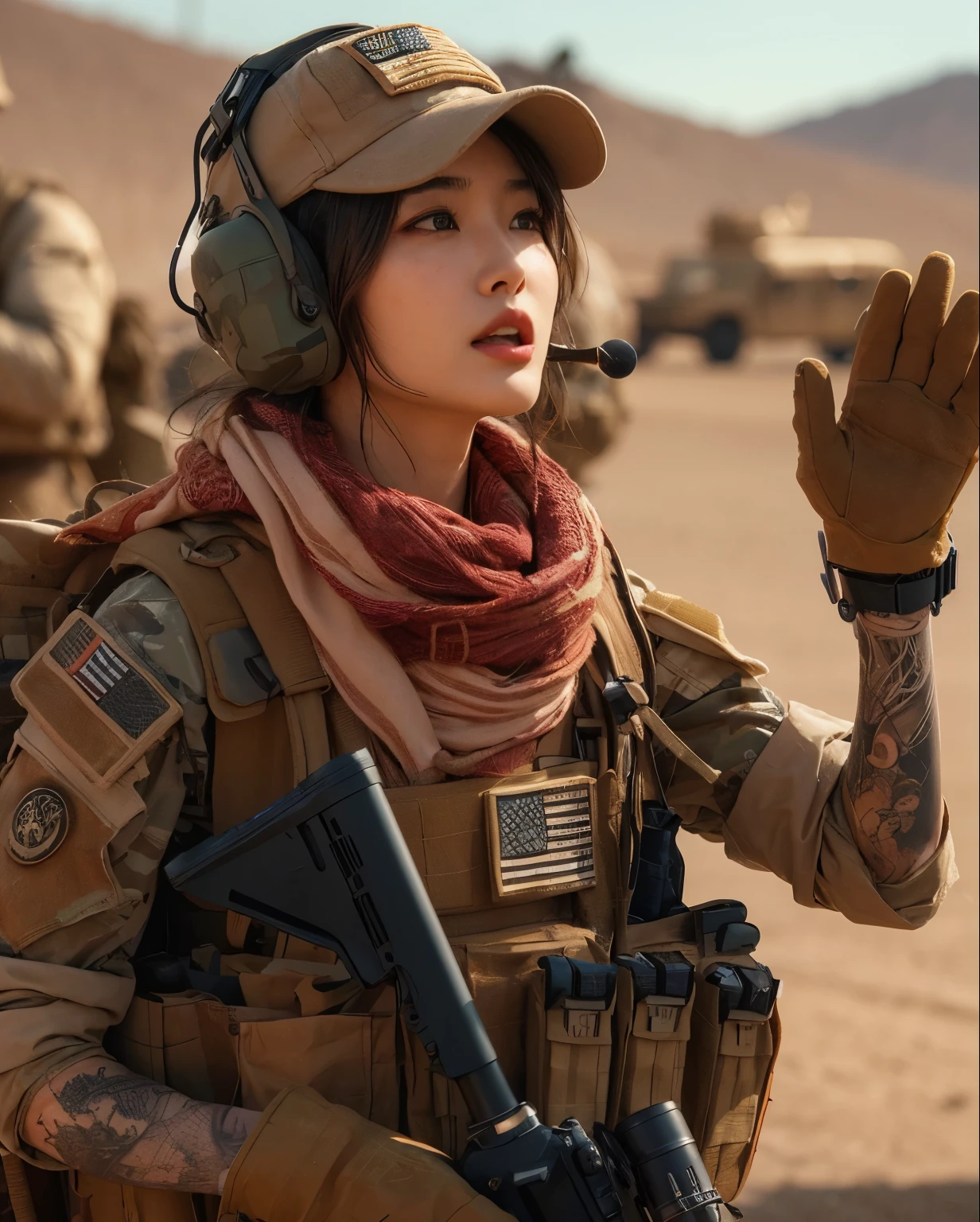 photorealistic、Realistic skin textures、A beautiful Japanese woman belonging to the U.S. military is talking with gestures at a base camp set up in a wasteland.、tent、military vehicle、automatic rifle propped up、bulletproof vest、afghan scarf、baseball cap、Backpack、Heavy equipment、tattoo、boots、、Action poses with movement、