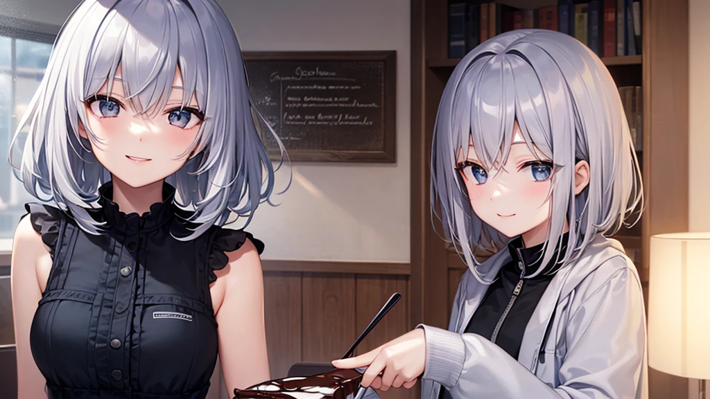 super high quality, with a girl, 20-year-old, very short hair, long bangs between the eyes, gray eyes , very detailed,(masterpiece、highest quality)、alone、gray hair、 silver hair, beautiful eyes、white jacket、black shirt、smile、flower garden、wink、Making chocolate、patissier
