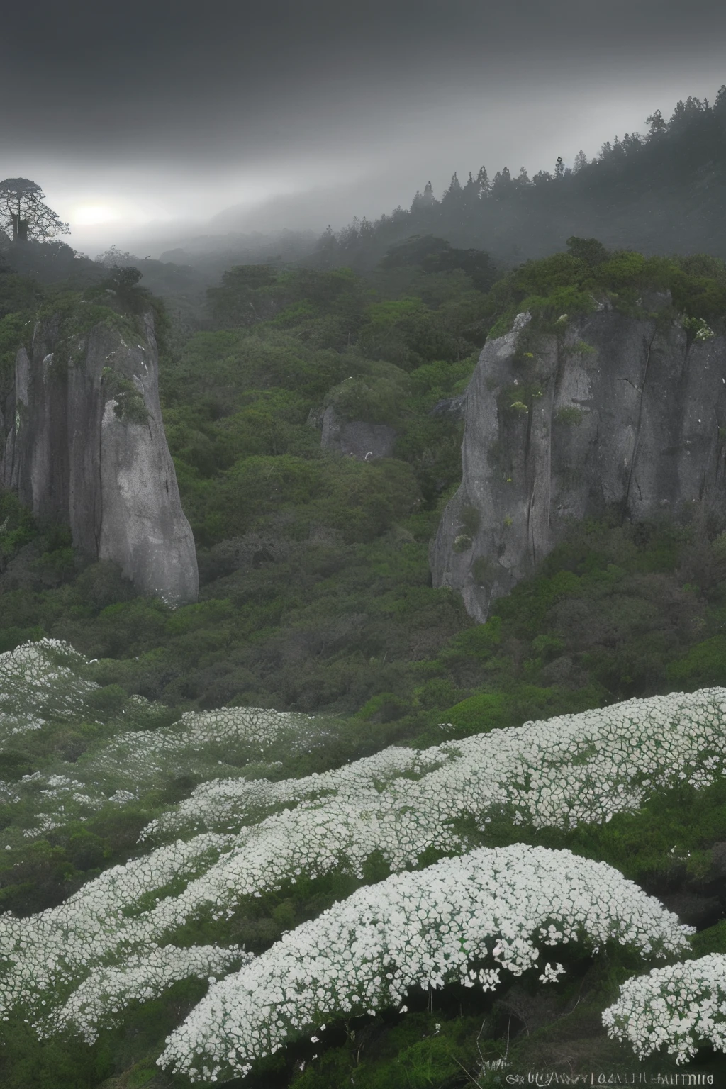 Magnificent view of a forest mountain landscape, after it has rained, with nature's intricate details on display. Bushes in the moonlight glow with a soft, dampness-induced radiance, surrounded by ancient megaliths of various shapes, nestled amidst the alpine cliffs. In the distance, a solitary white Phalaenopsis orchid blooms, its petals vibrant and pristine against the minimalist cyan, black, and white gray tones of the landscape.
The foggy sky looms ominously in the background, casting long, vivid rain trails over the terrain. Jack Guzman's environmental art photography captures the realistic