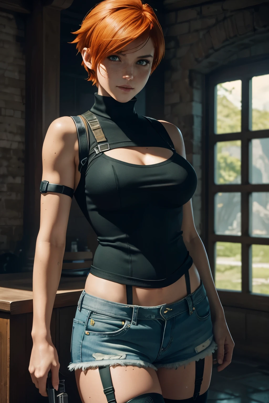 gwen tennyson,tracer,nami,rebecca chambers,yorha 2b,pilot uniform, teenager, green eyes,garter belt,striped underwear,short hair,orange hair,hot springs,shy smile,ginger,white striped top,denim micro skirt,freckles,beautiful girl,stockings,large breasts,ultra detailed,realistic,