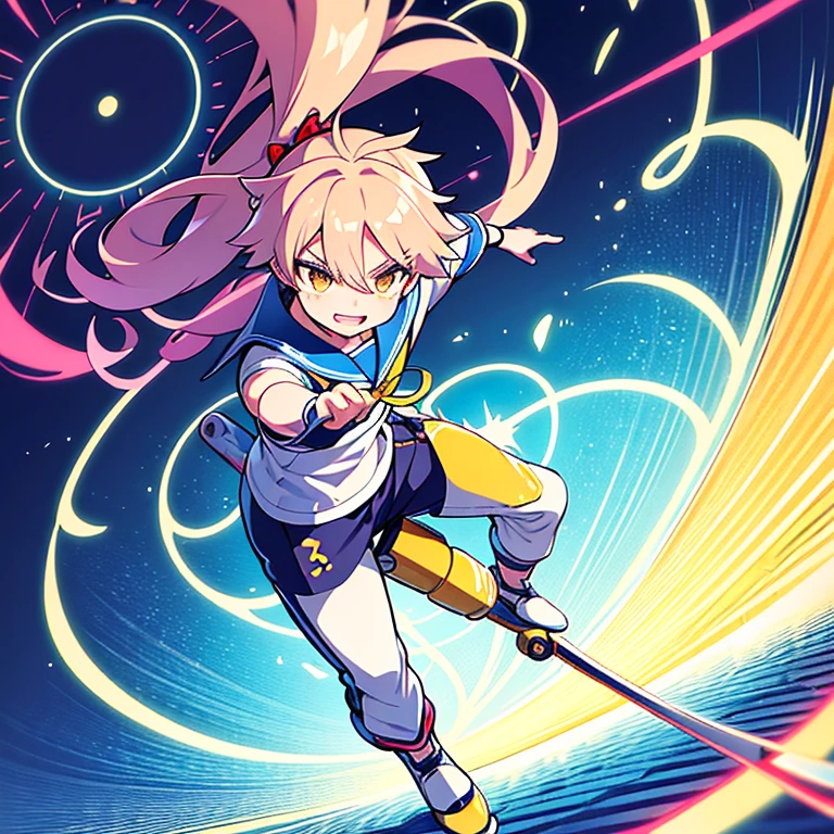 "Please draw an illustration of a 16-year-old male character named Shoki Renrin. Capture his features like yellow twintails, slanted eyes with a toothy smile, sailor shirt, long pants, and rollerblades. Highlight his ability 'Rotation,' incorporating the imagery of rapidly spinning wheels and creating a whirlwind. Show him wielding '戒刃' (rollerblade) as a weapon, portraying a calm yet calculated demeanor in battle. Convey his easygoing and open-minded personality, along with his distinctive laughter 'きゃらきゃらきゃら.'"