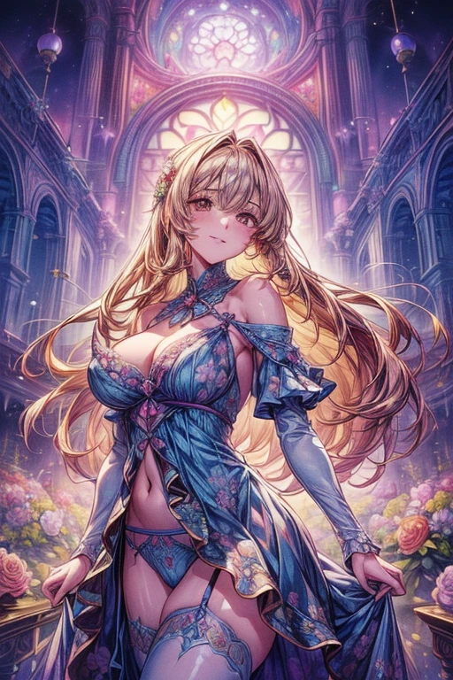 ((最high quality、8K、masterpiece:1.3)),High level image quality、最High level image quality、最high quality、high quality、slender body、beautiful fecesボディーライン、beautiful feces女性、big breasts、sexy style、insist on cleavage、breast enhancement、(1 girl:1.4)、super detailed、beautiful and aesthetic、beautiful feces、masterpiece、show off your cleavage、underwear、huge chest chest)、sexy underwear、garter belt、sheer bondage costume、(whole body 1:4)、beautiful feces女性は, (medium length hair), be familiar with huge breasts, cute smile, (warm colors), Moist, Moist, reflector, (table top) 、(最high quality) (be familiar with) , (8K) (studio lighting) (Complex) , ((The flower arch is so fantastic and dream-like)), luxurious, fantastic fairy tale, Rich pastel color palette, Ethereal dreamy theme, dreamy and detailed, fairy tale stage:, (((A building with lots of flowers)))、anime fantasy artwork, anime fantasy illustration, beautiful fecesアートワークのイラスト, beautiful fecesアニメアートwork, exquisite digital art, Complexな華やかなアニメCGIスタイル, Anime art nouveau space display, beautiful fecesアニメアート, beautiful fecesデジタル芸術作品, beautiful fecesファンタジーアニメ, be familiar with anime artwork, be familiar with Digital Anime Art, dreamy psychedelic anime、Sheer Sexy Lingerie、sheer lingerie、beautiful feces表現、beautiful feces乳房、be familiar with目、Clearly eye-catching, beautiful and attractive、beautiful feces目、tight waist、beautiful feces白い肌、red rift、((many flowers in long hair、Lots of floral ornaments))