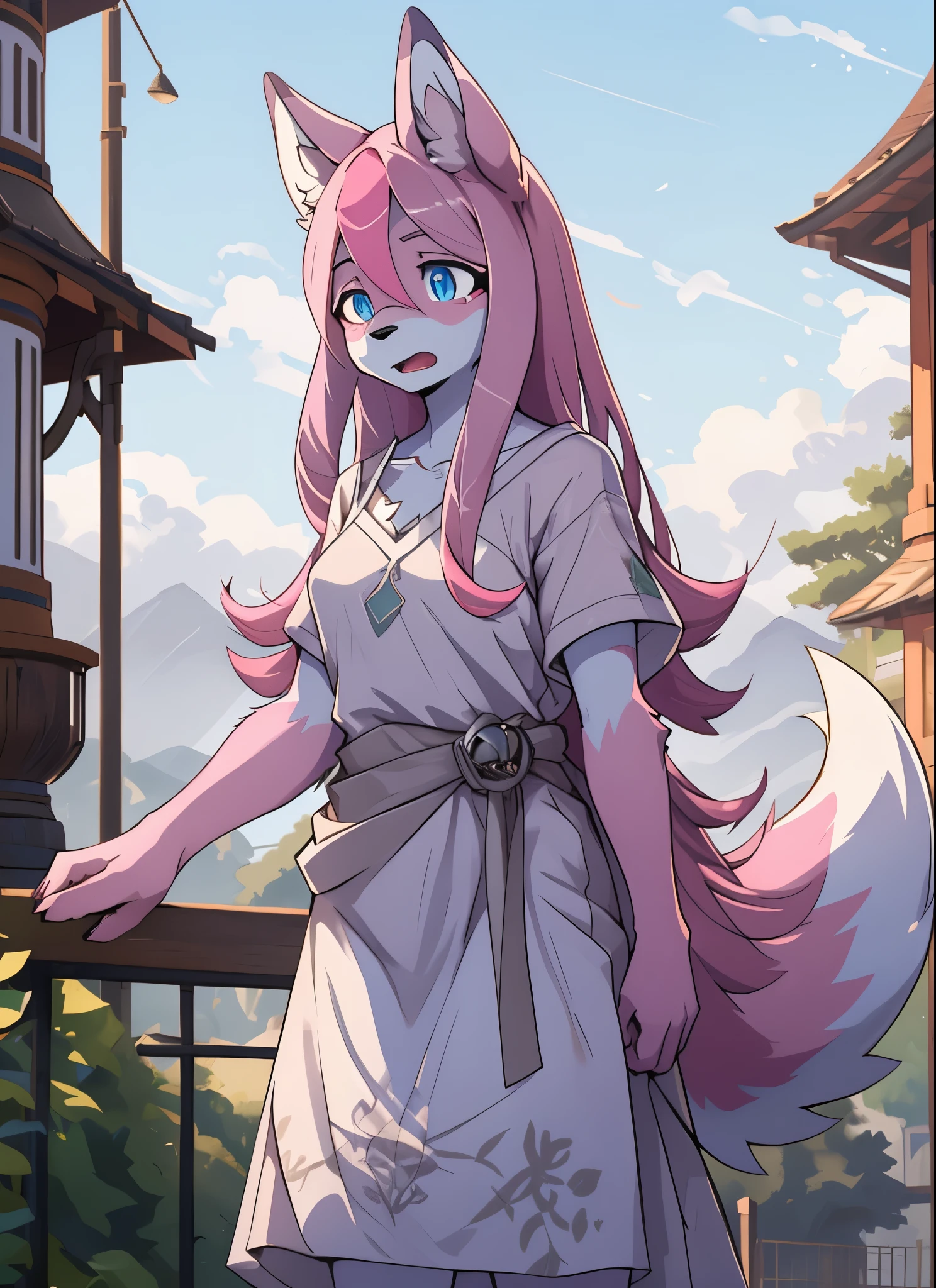 Nazuna_hiwatashi, furry, furry female, white skin, (high quality), flat chest, tail, (surprised face:1.3), blue eyes, outside, pussy, pink hair, multicolored hair