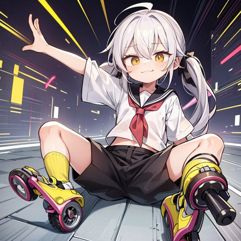 "Please draw an illustration of a 16-year-old male character named Shoki Renrin. Capture his features like yellow twintails, slanted eyes with a toothy smile, sailor shirt, long pants, and rollerblades. Highlight his ability 'Rotation,' incorporating the imagery of rapidly spinning wheels and creating a whirlwind. Show him wielding '戒刃' (rollerblade) as a weapon, portraying a calm yet calculated demeanor in battle. Convey his easygoing and open-minded personality, along with his distinctive laughter 'きゃらきゃらきゃら.'"