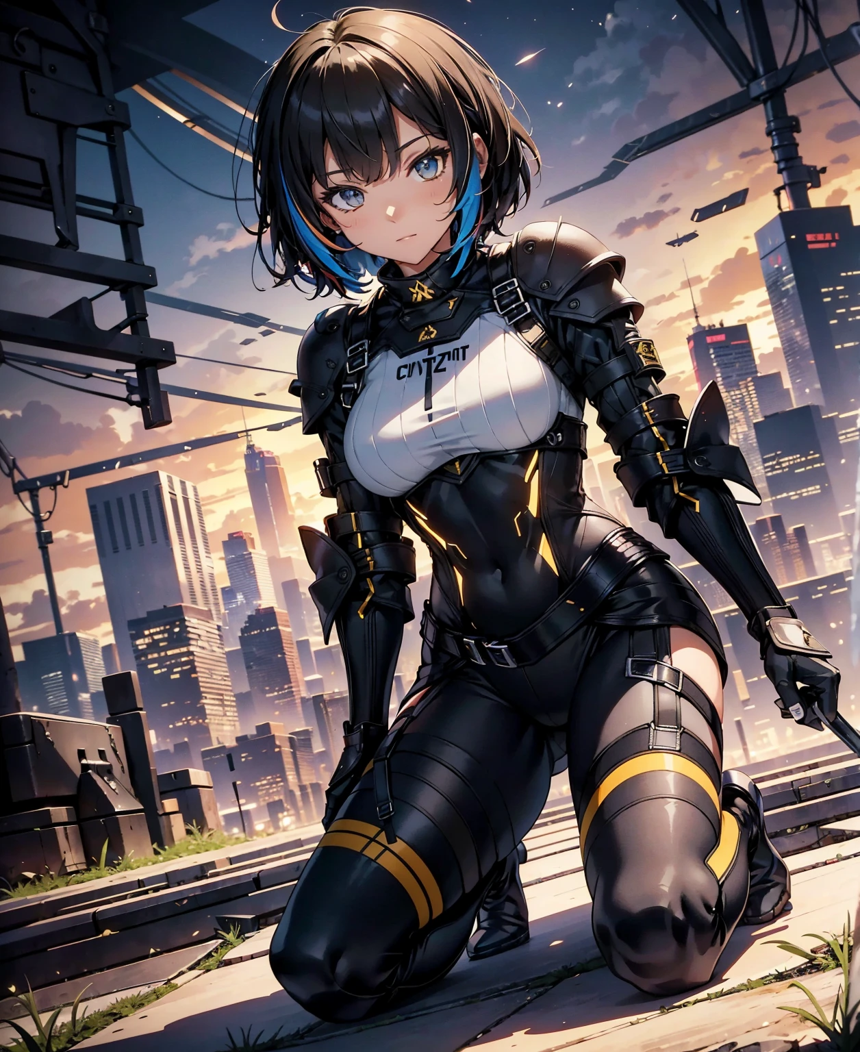 best quality,T Masterpiece,ultimate resolution,fluff,very colorful,colorful,female combatant,(kneeling pose)(pointing at you with his butt)mature woman,Black Super Short Hair,tight combat uniform,tight suit,Steel City Background,night,normal posture,normal posture