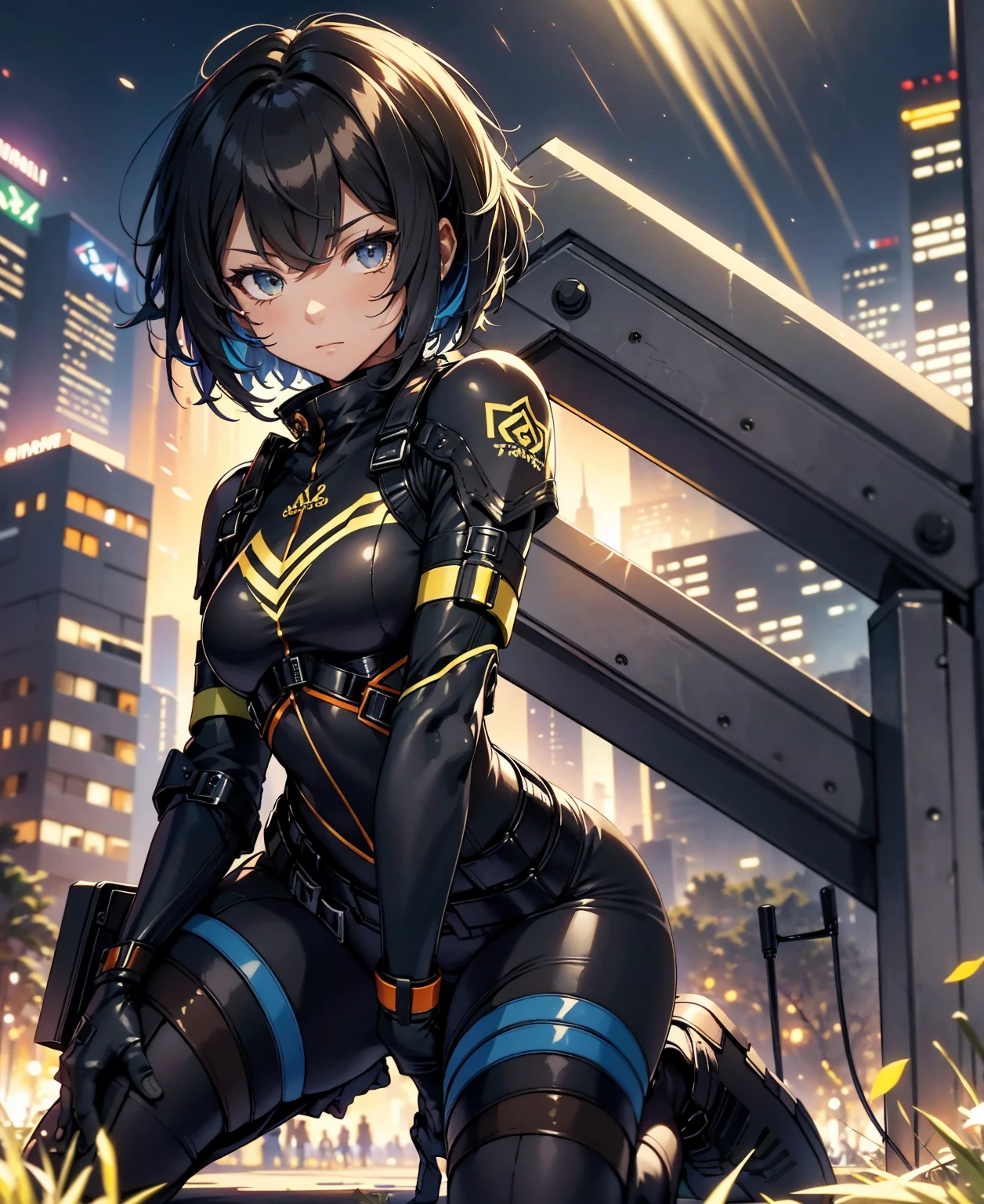 best quality，T Masterpiece，ultimate resolution，fluff，very colorful，colorful，female combatant，（kneeling pose）（pointing at you with his butt）mature woman，Black Super Short Hair，tight combat uniform，tight suit，Steel City Background，night，normal posture，normal posture