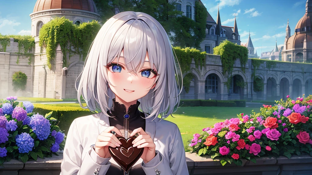 super high quality, with a girl, 20-year-old, very short hair, long bangs between the eyes, gray eyes , very detailed,(masterpiece、highest quality)、alone、gray hair、 silver hair, beautiful eyes、white jacket、black shirt、smile、flower garden、wink、Making chocolate、patissier、Fantasy landscapes