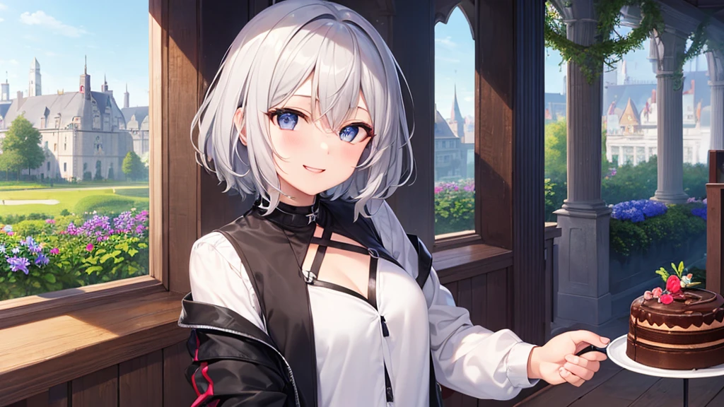 super high quality, with a girl, 20-year-old, very short hair, long bangs between the eyes, gray eyes , very detailed,(masterpiece、highest quality)、alone、gray hair、 silver hair, beautiful eyes、white jacket、black shirt、smile、flower garden、wink、Making chocolate、patissier、Fantasy landscapes