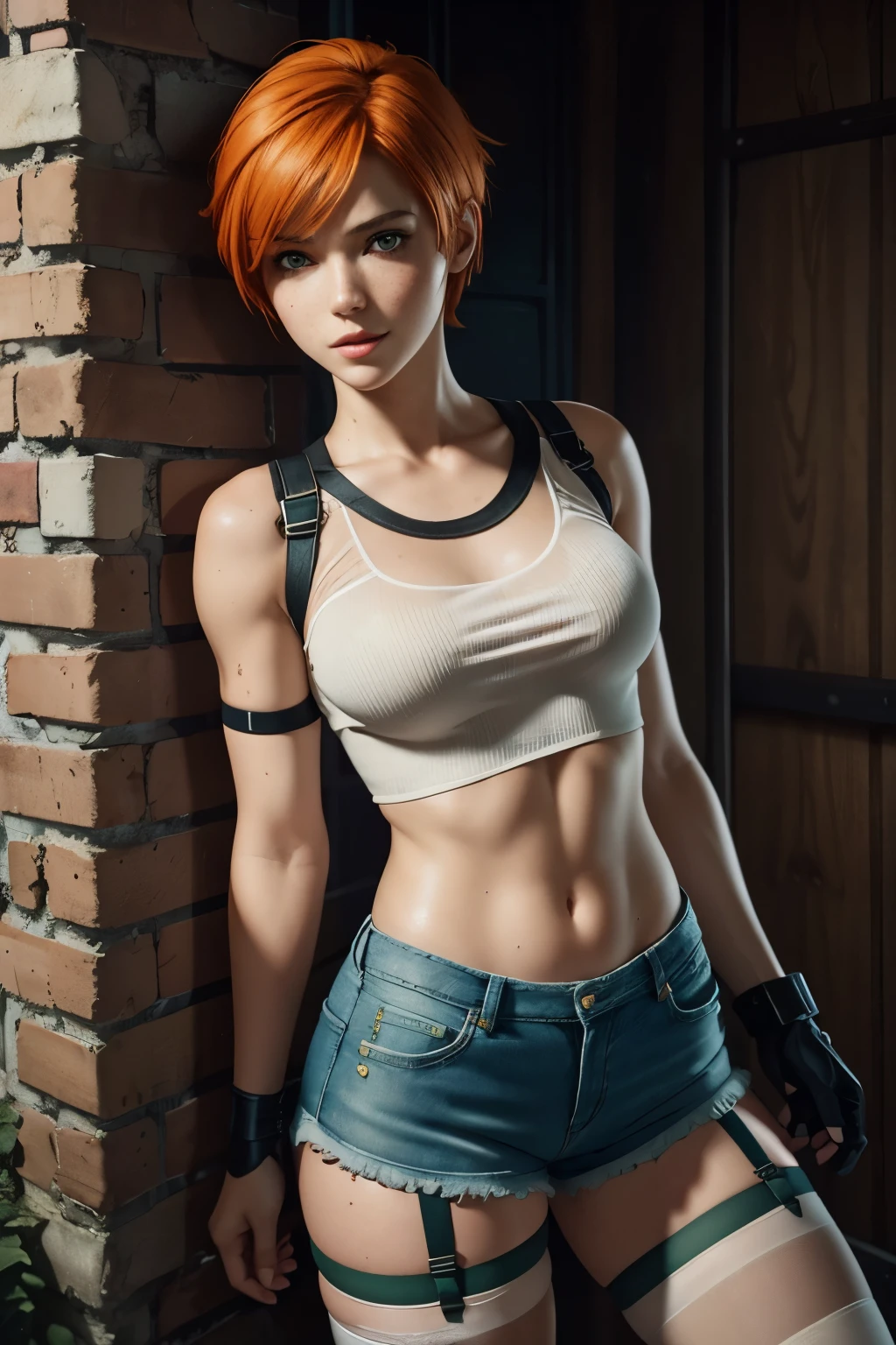gwen tennyson,tracer,yorha 2b,rebecca chambers,lara croft,police uniform, ager, green eyes,garter belt,lingerie underwear,short hair,orange hair,river,shy smile,ginger,white see-through top, denim micro shorts,freckles,beautiful girl,wet clothes,stockings, ultra detailed,realistic,